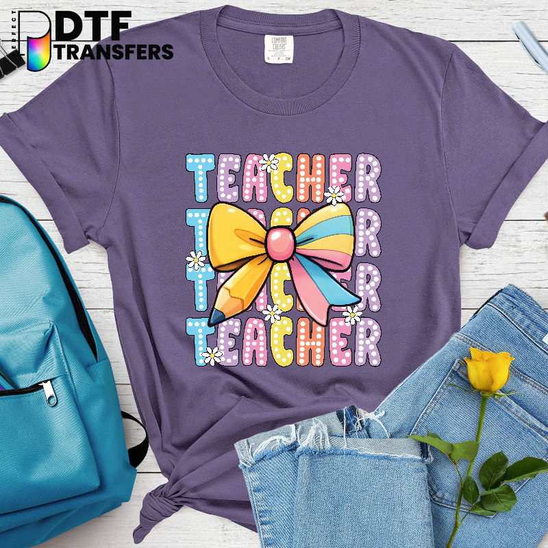 Teacher Stacked Pencil with Bow – Teacher DTF Transfer