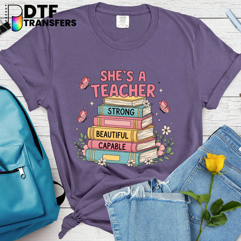 She's a teacher with a book stack, butterflies & a whole lot of Jesus – Religious Teacher DTF Transfer