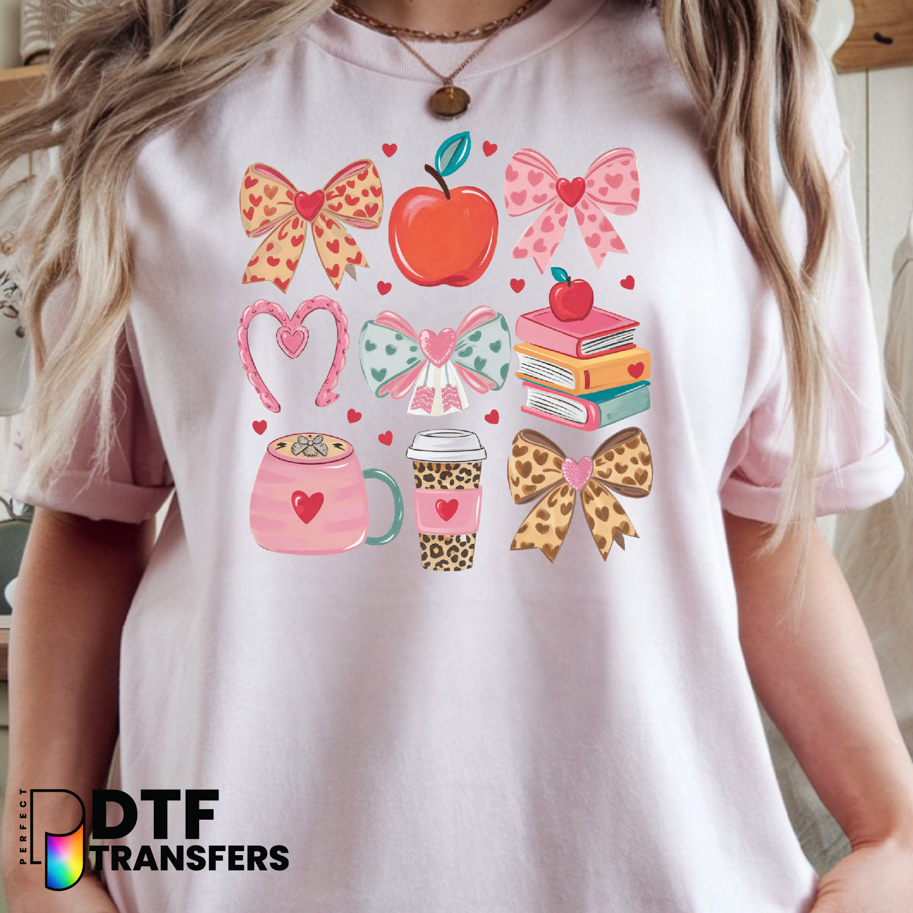 TEACHER with Bow, Apple, Pencil – Teacher DTF Transfer