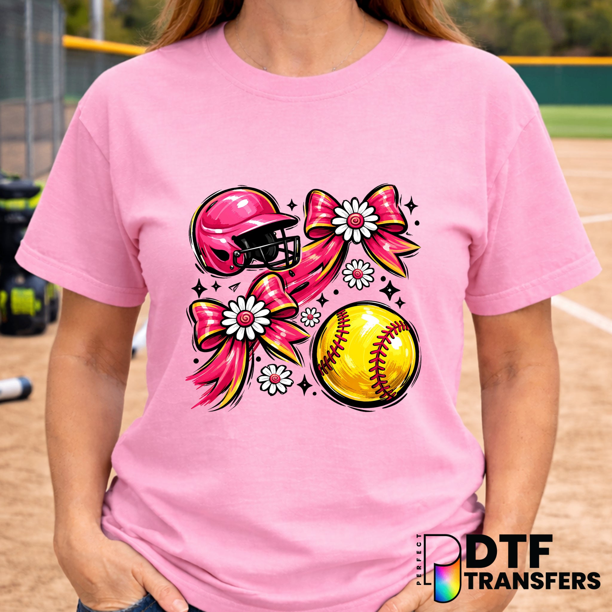 Pink Floral Bows Coquette Softball – DTF Transfer