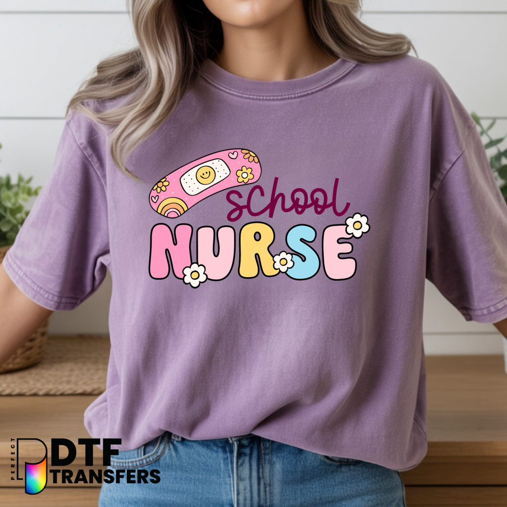Smiley Face with Band-Aid and Medical Cross 'School Nurse' Banner – School Nurse DTF Transfer
