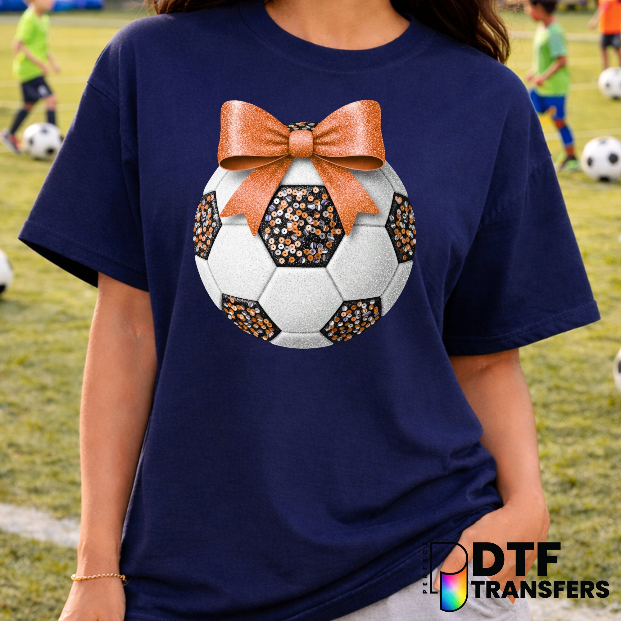 Orange Glitter Sequin Soccer Ball with Coquette Bow – Soccer DTF Transfer