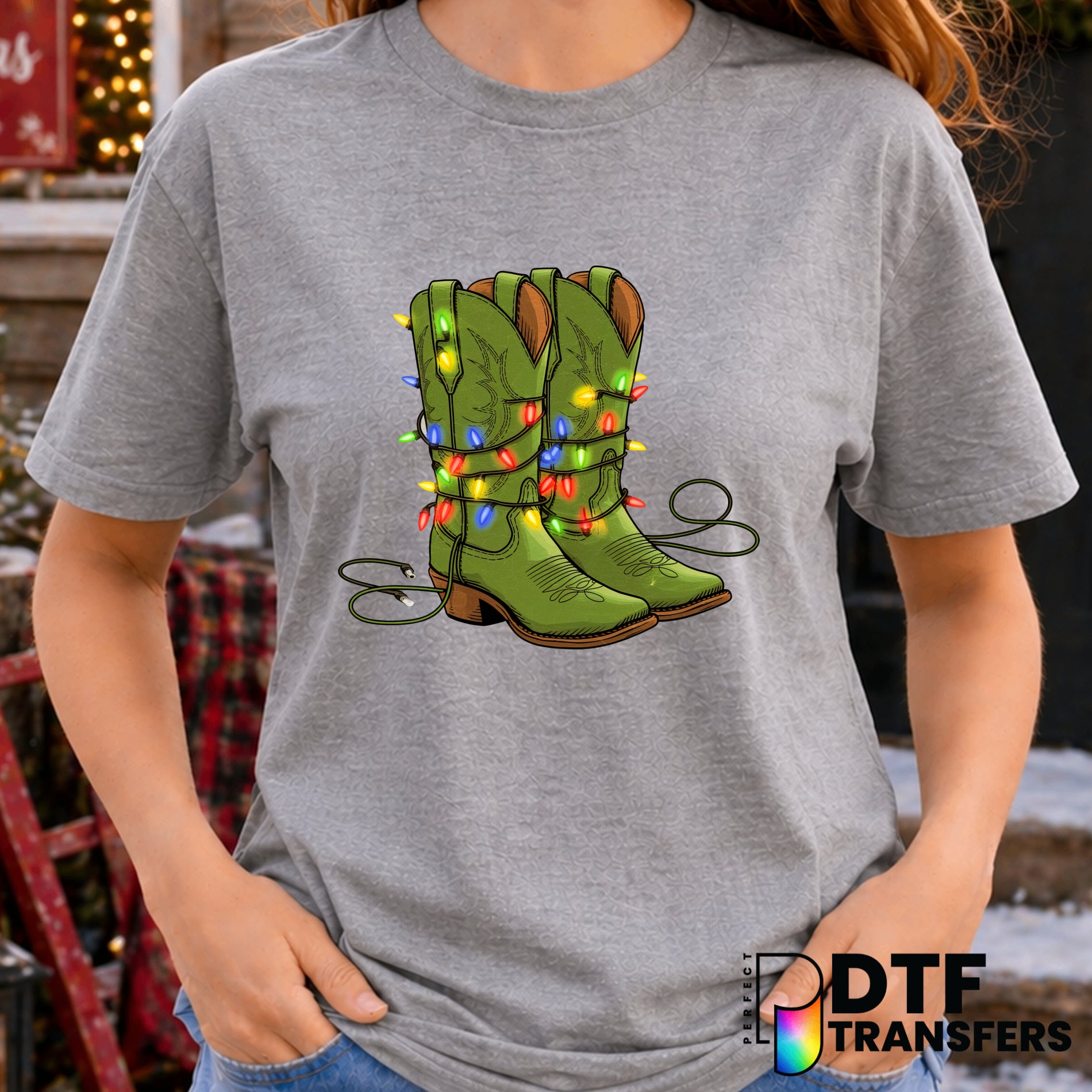 Retro Christmas Cowboy Green Boots with Lights – Christmas DTF Transfer