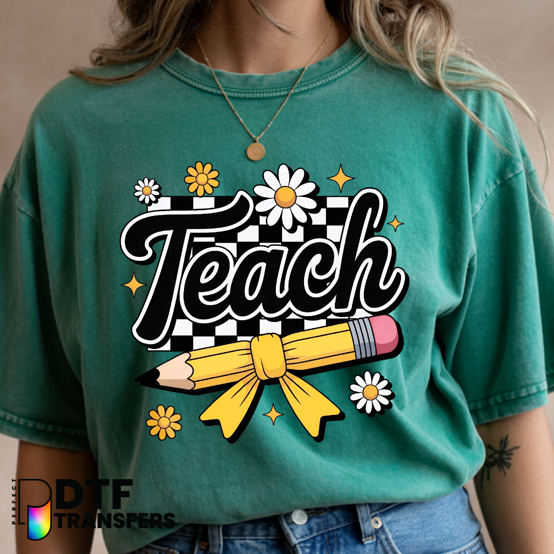 Teach – Retro Checkered Wavy Teacher DTF Transfer