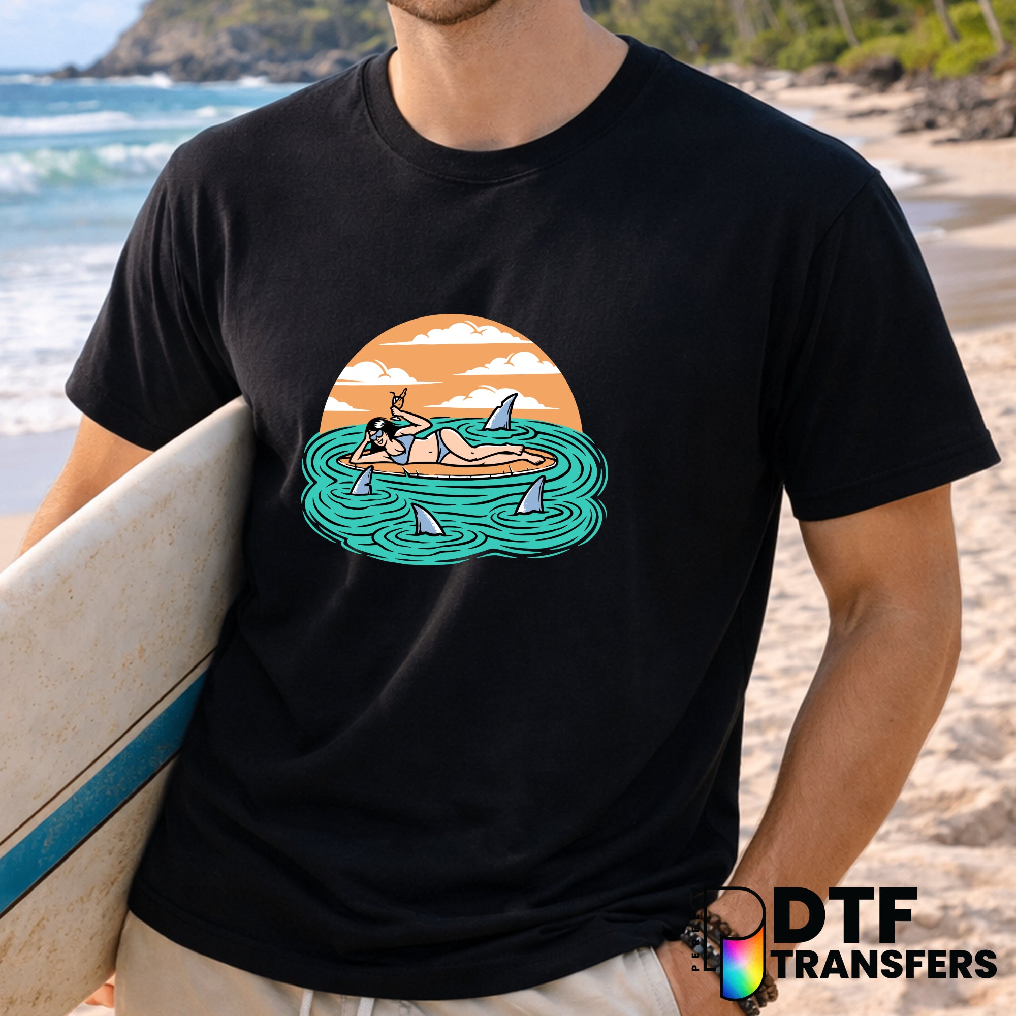 Woman Surfer & Sharks – Surfing DTF Transfer