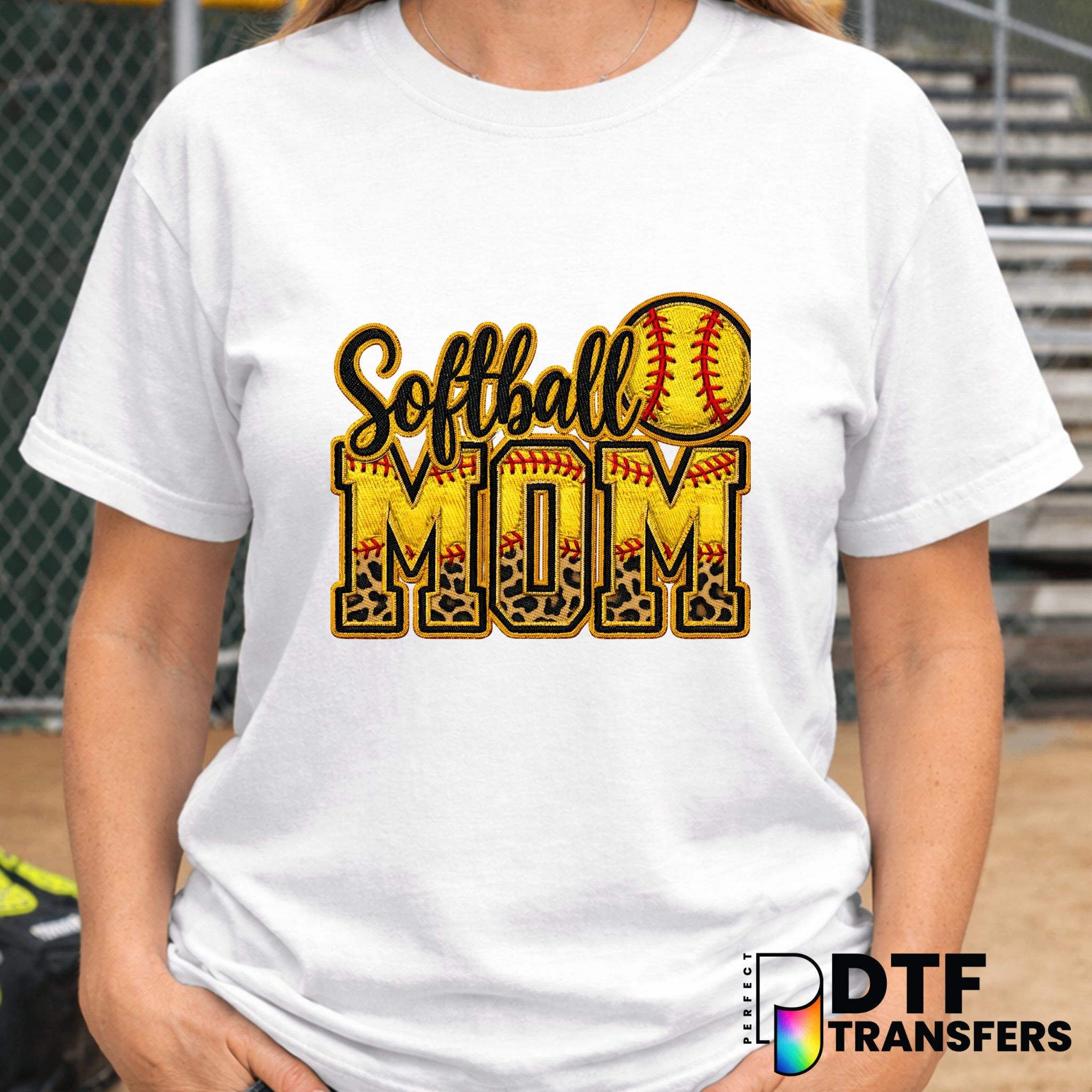 Softball Mom Faux Embroidery Leopard Script – Softball DTF Transfer