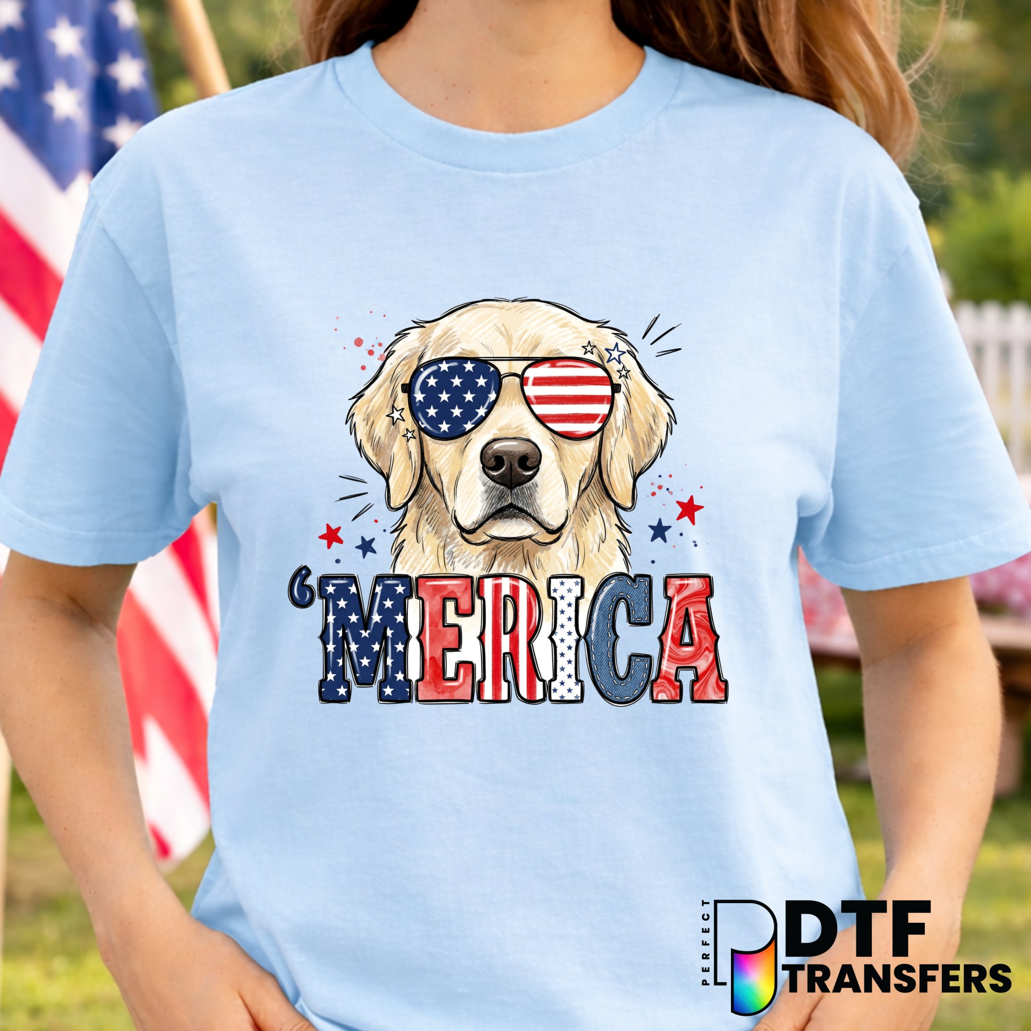 MERICA Golden Retriever – Fourth of July DTF Transfer