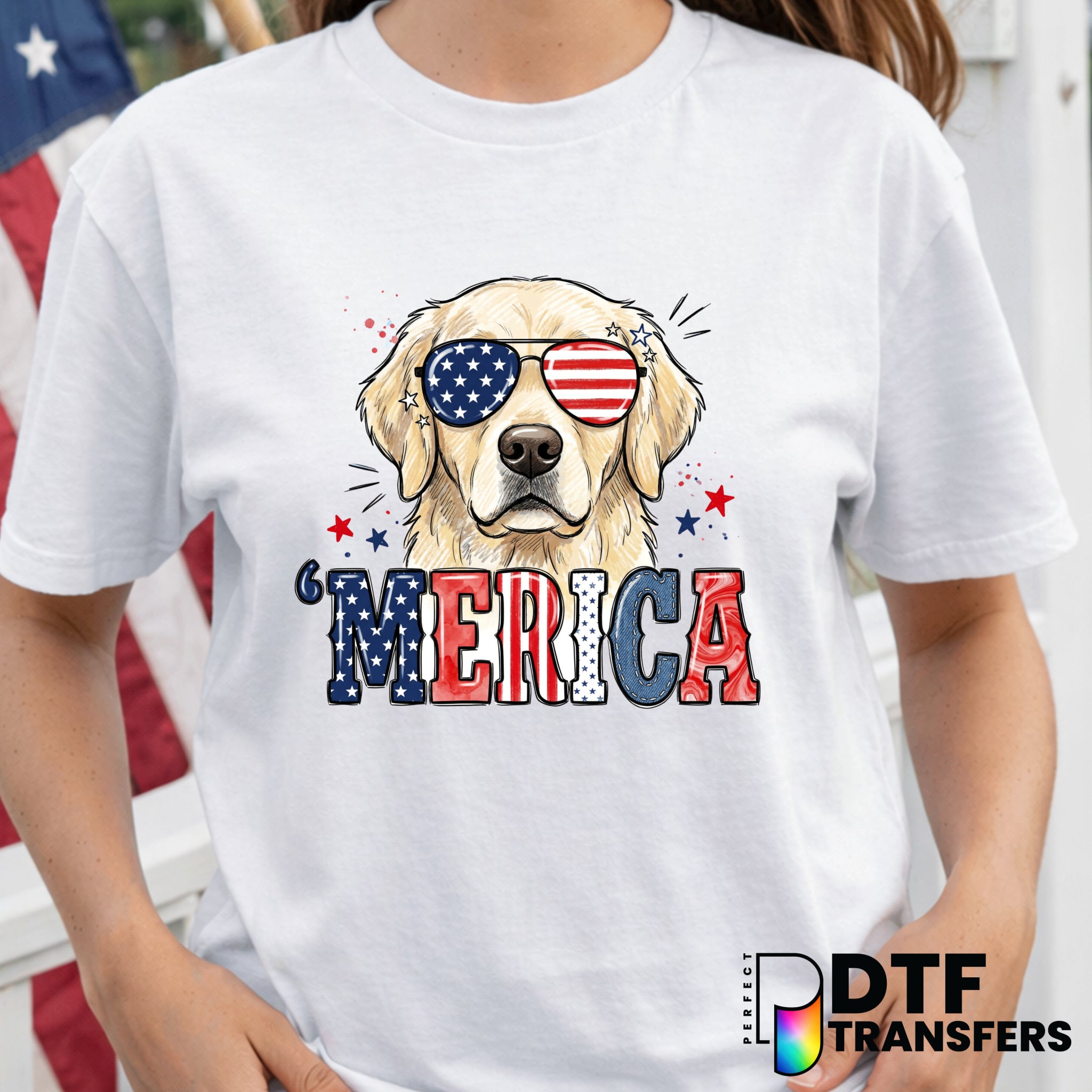 MERICA Golden Retriever – Fourth of July DTF Transfer