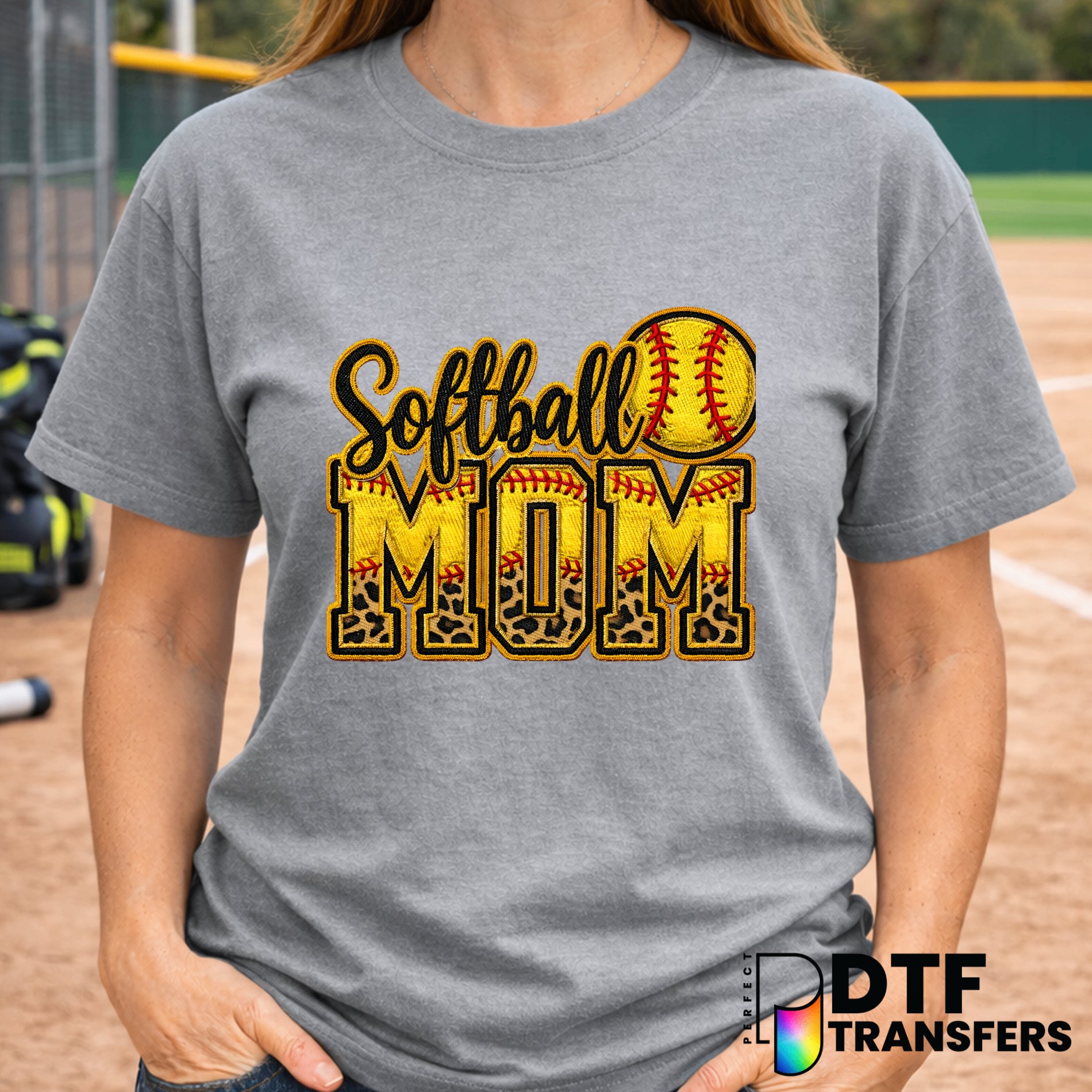 Softball Mom Faux Embroidery Leopard Script – Softball DTF Transfer