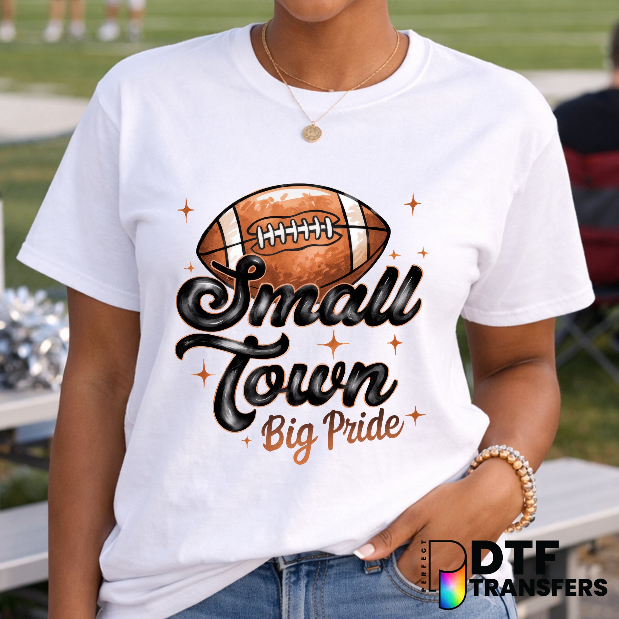 Small Town Big Pride Hand Drawn Script Football – Football DTF Transfer