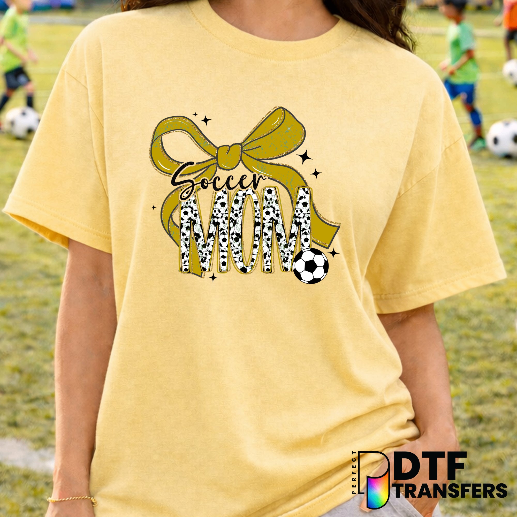 Soccer Mom Gold Glitter Yellow Coquette Bow – Soccer DTF Transfer