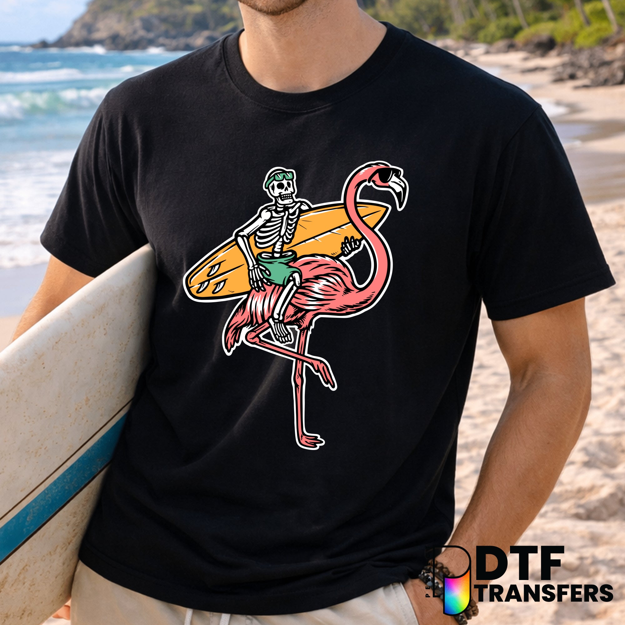 Skeleton Riding Flamingo Surfing – Surfing DTF Transfer