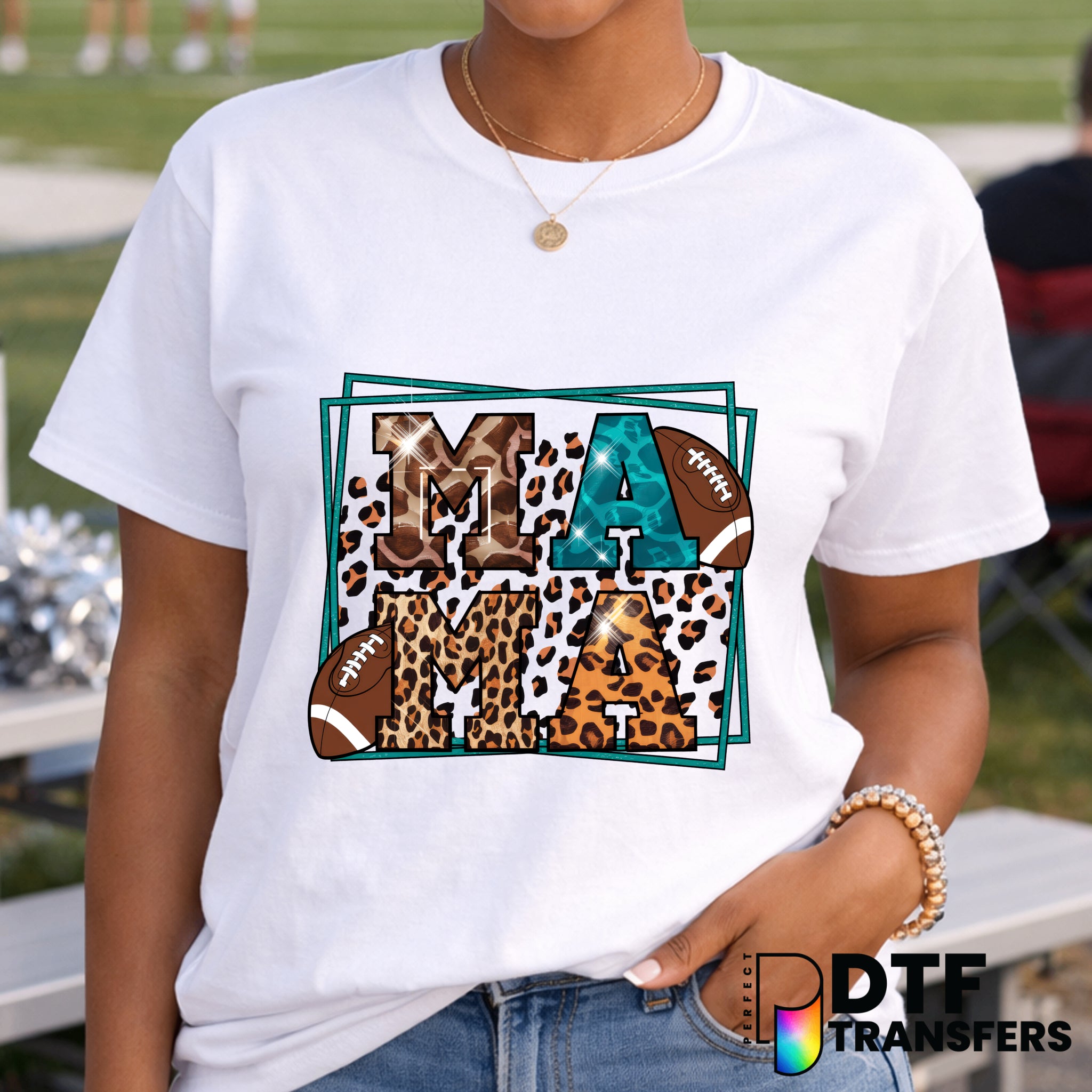 Mama Stacked Leopard and Teal Football – DTF Transfer