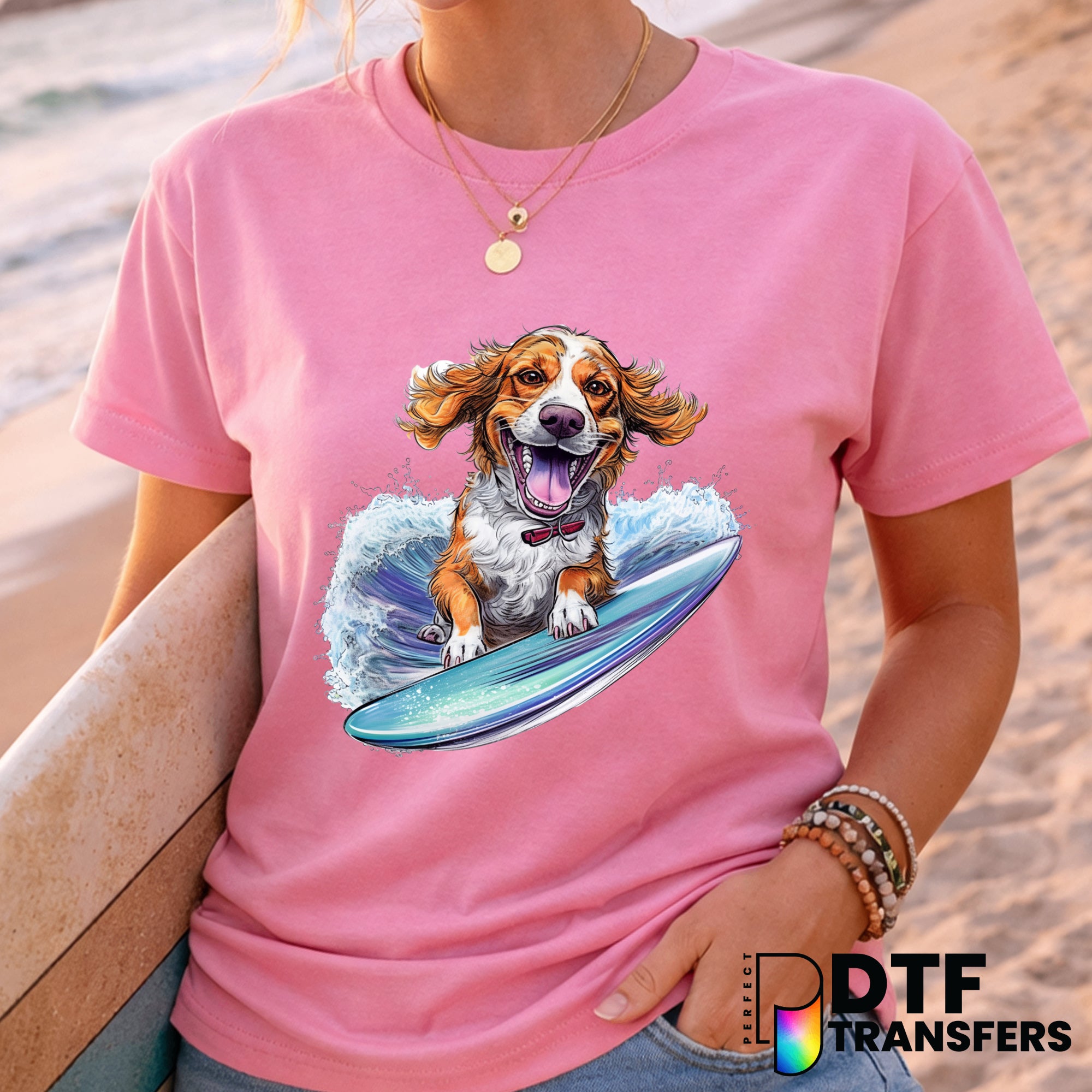 Cute Watercolor Surfing Dog with Surfboard – Surfing DTF Transfer