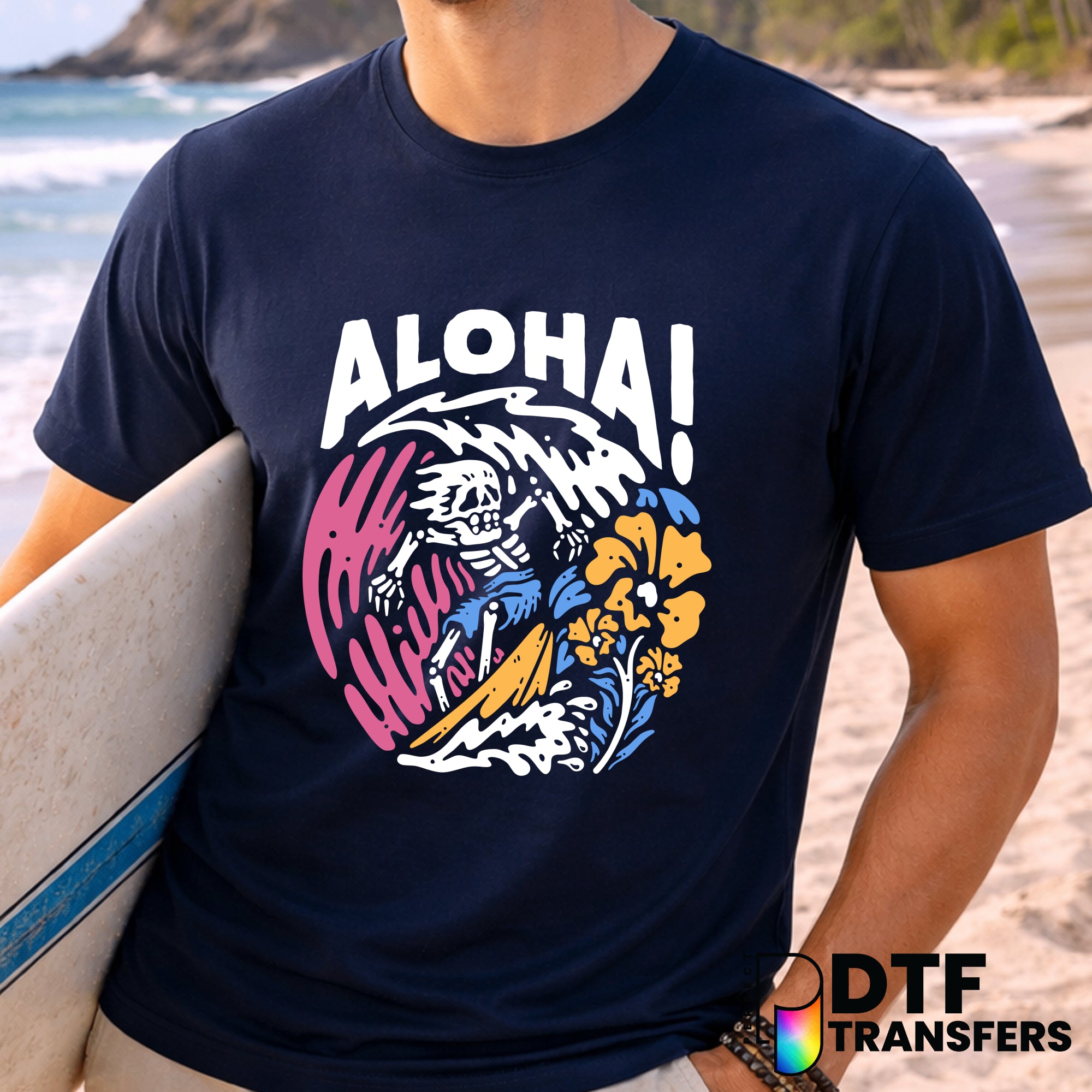 Aloha Skeleton Surfer with Tropical Florals – Surfing DTF Transfer