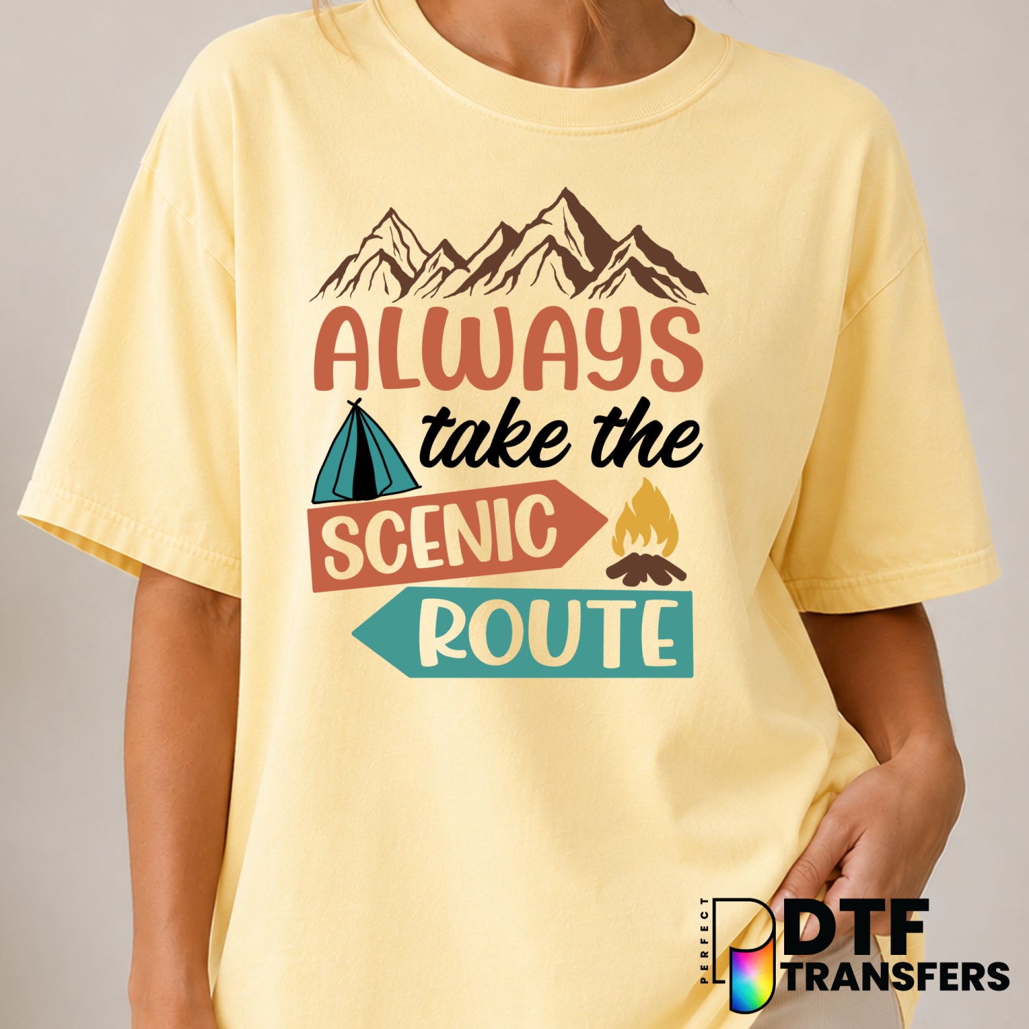 Always Take The Scenic Route – Camping DTF Transfer (view 2 of 2) – by Perfect DTF Transfers – Premade DTF Transfers – Cam...
