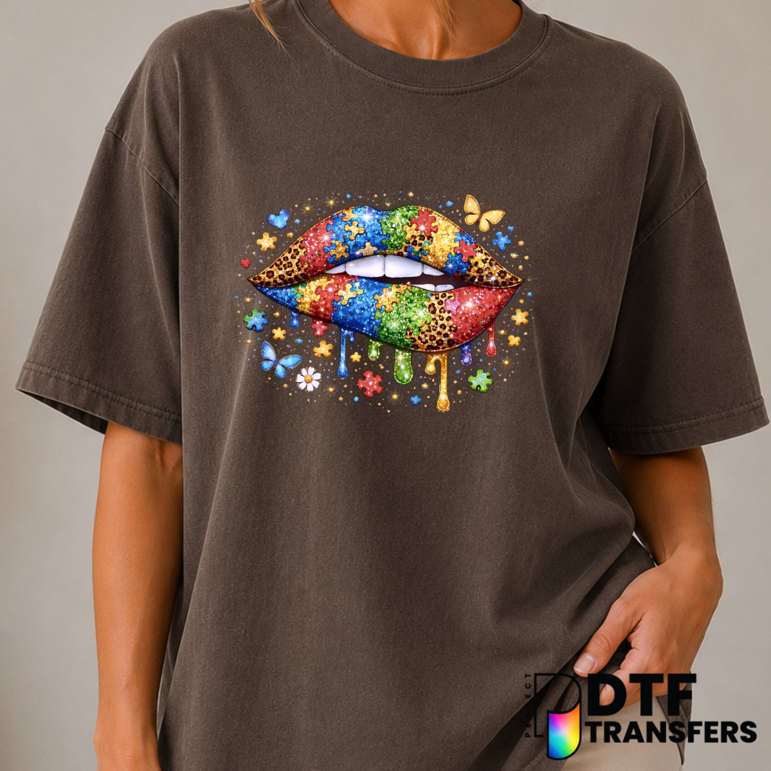 Autism Awareness Glitter Lips Colorful Leopard – DTF Transfer (view 2 of 2) – by Perfect DTF Transfers – Premade DTF Trans...