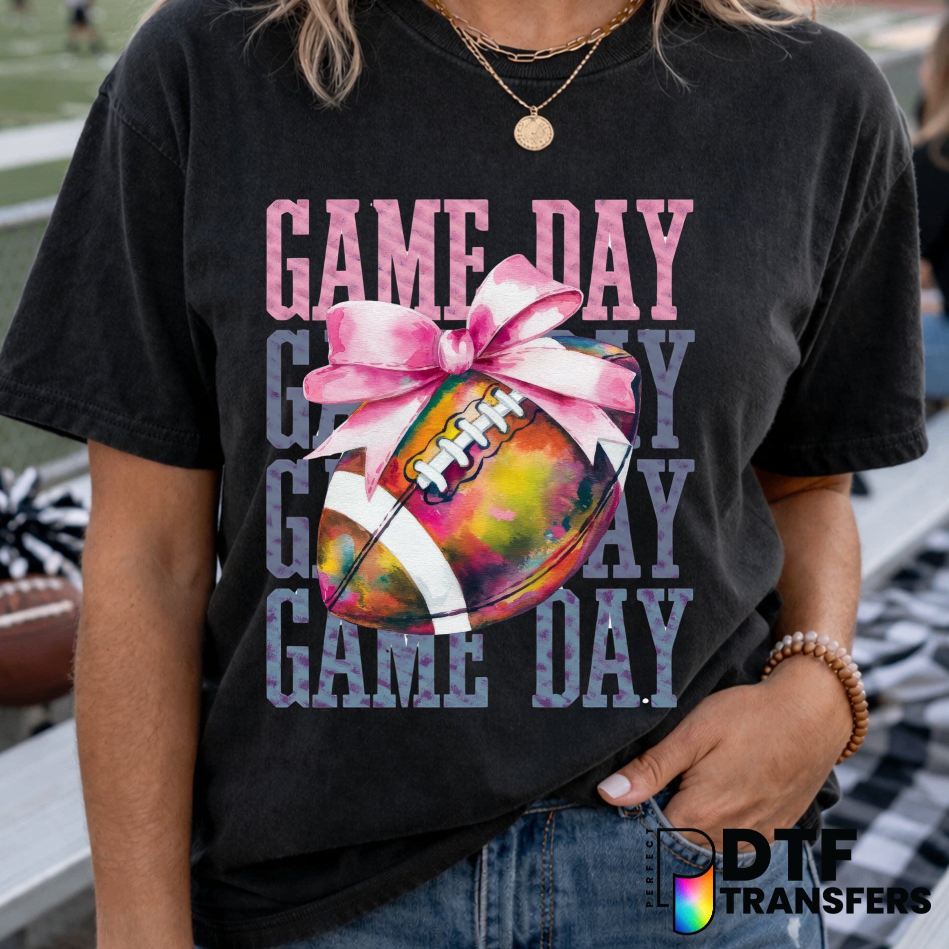 Game Day Football Watercolor Bow – DTF Transfer