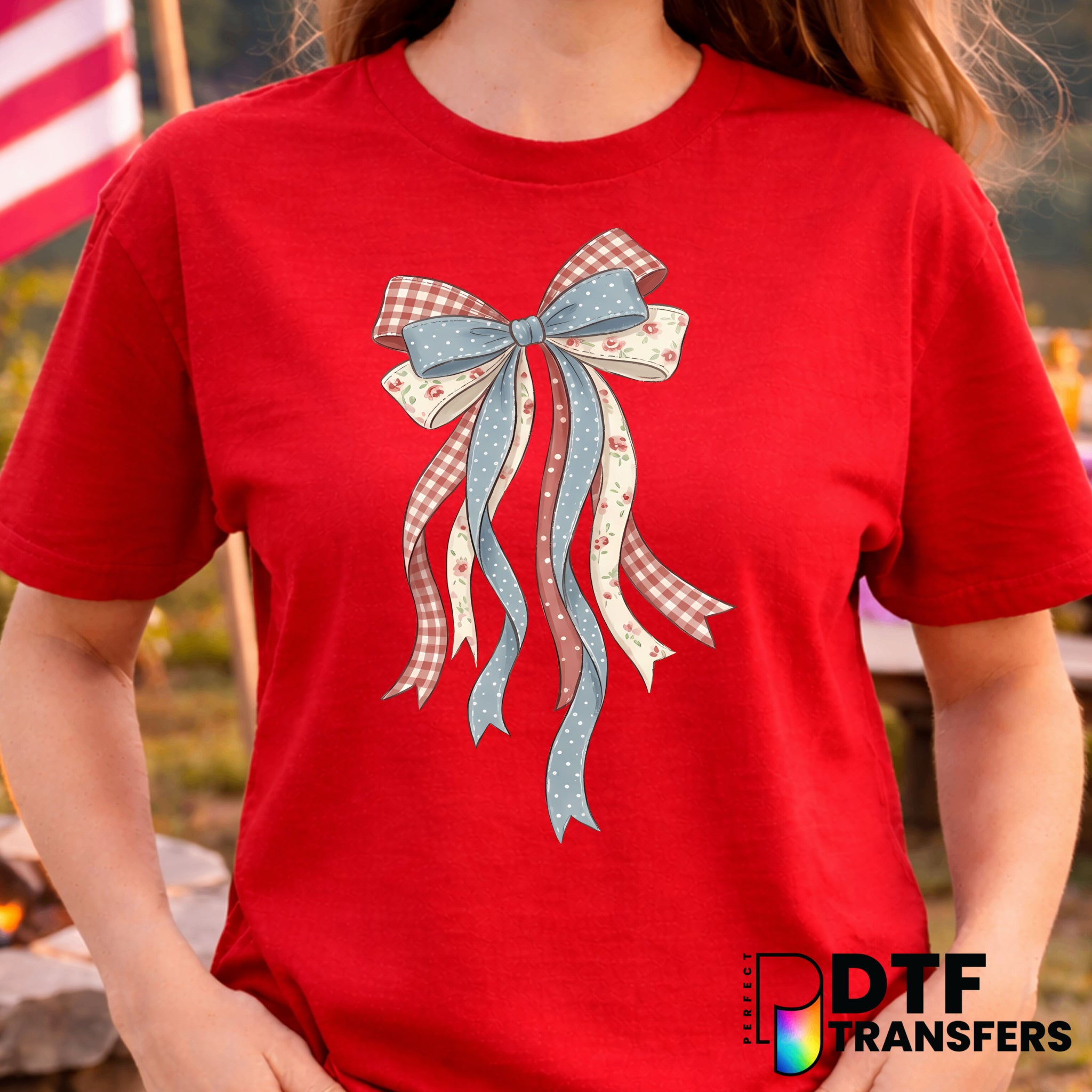 Coquette Bow Stars and Stripes – Fourth of July DTF Transfer