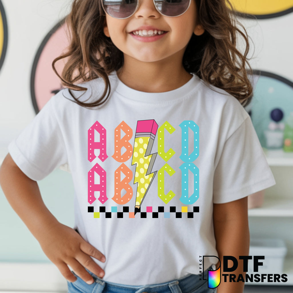 WELCOME BACK TO SCHOOL – Stacked ABCD Checkered Polka Dot Teacher DTF Transfer