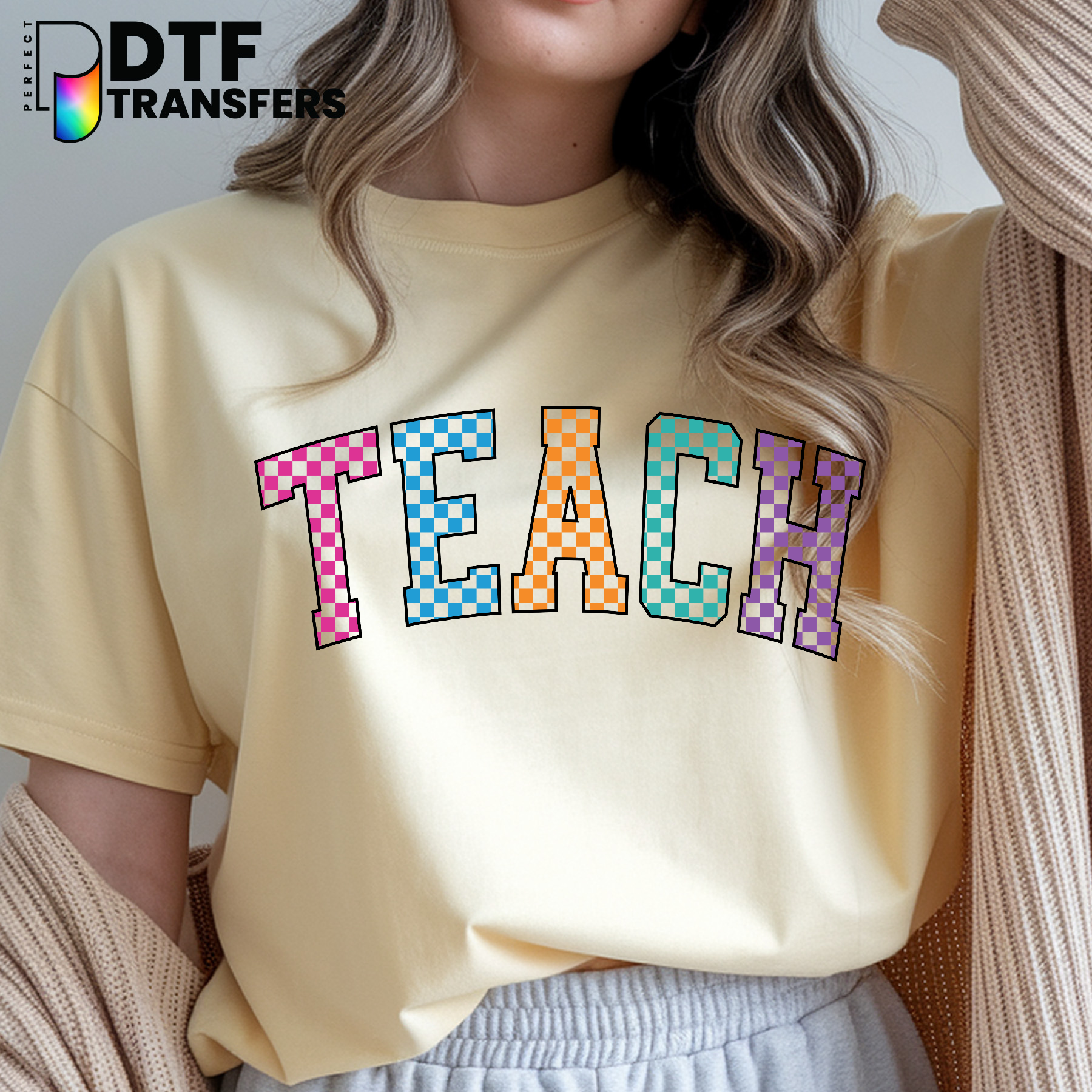 TEACH" Checkered Apple & Pencil – Teacher DTF Transfer