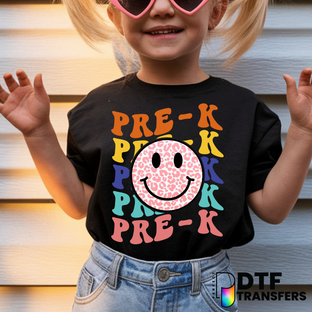 "Pre-K" Wavy Retro Smiley Face Leopard Print – Teacher DTF Transfer