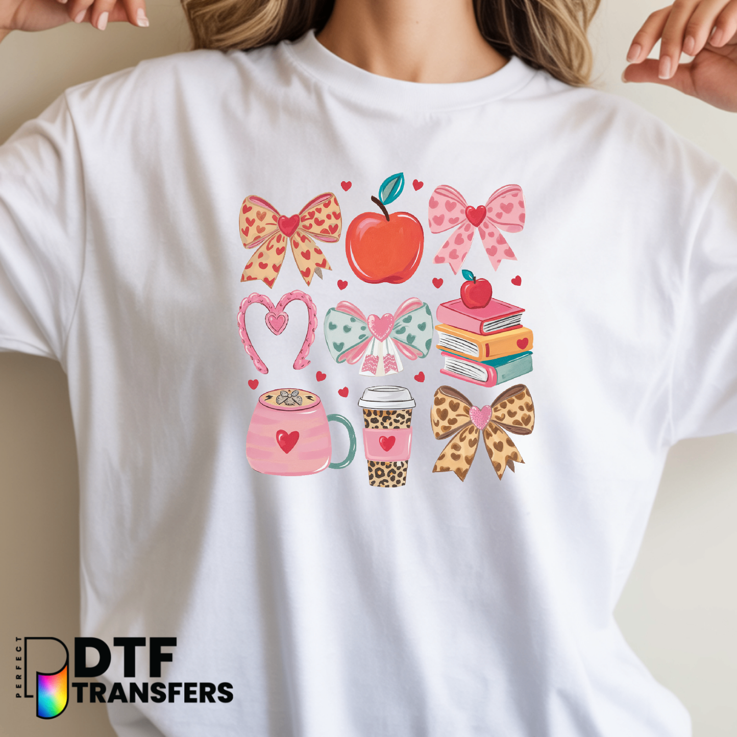 TEACHER with Bow, Apple, Pencil – Teacher DTF Transfer