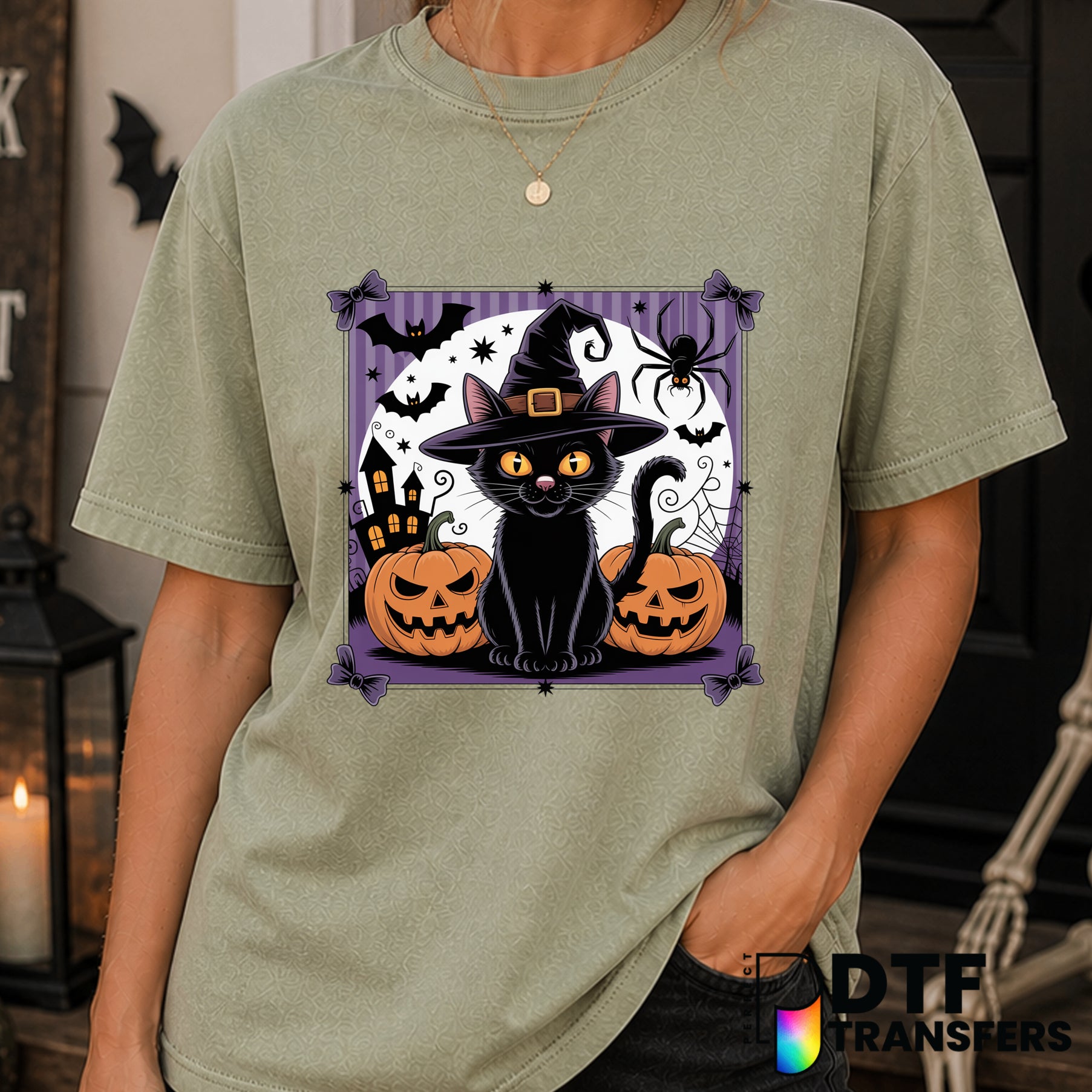 Preppy Black Cat Witch Hat – Halloween DTF Transfer