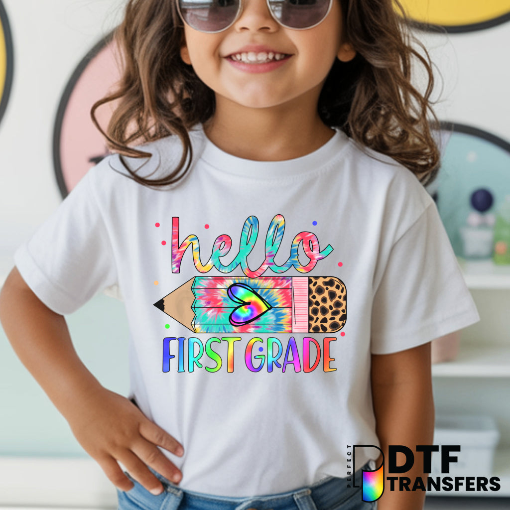 Hello First Grade Tie-Dye Pencil – Teacher DTF Transfer