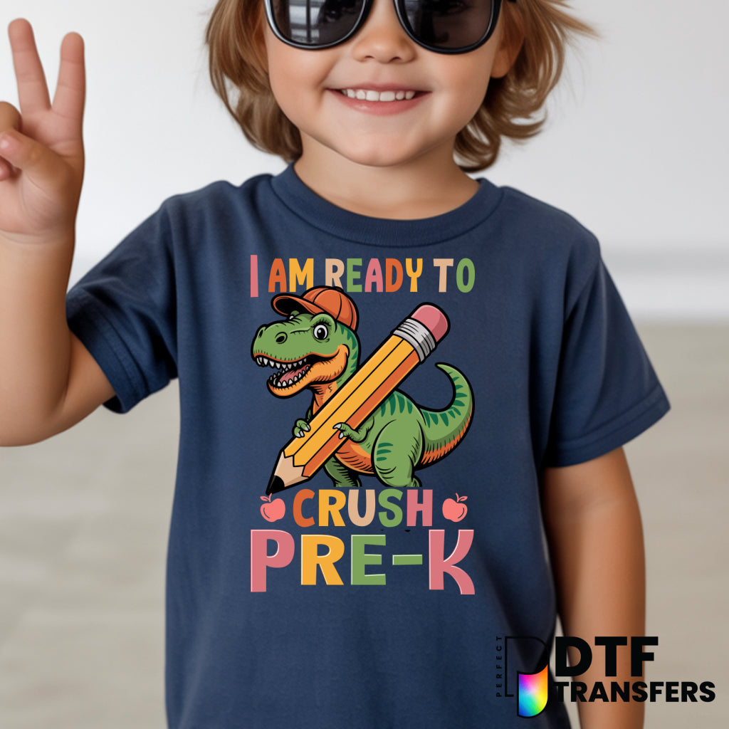 Ready to Crush Pre-K T-Rex with Glasses – Teacher DTF Transfer