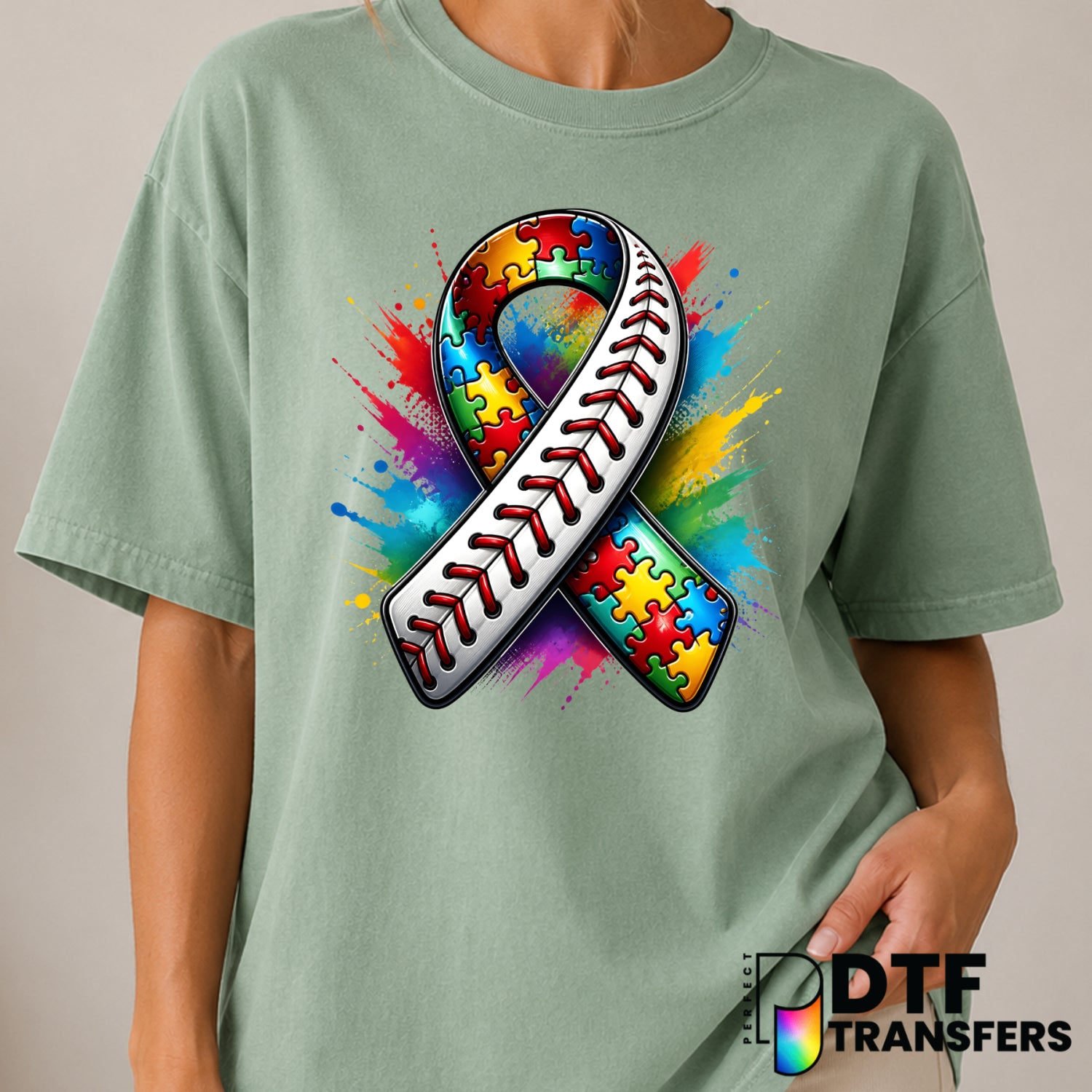 Baseball Ribbon Colorful Splatter – Autism Awareness DTF Transfer (view 1 of 2) – by Perfect DTF Transfers – Premade DTF T...