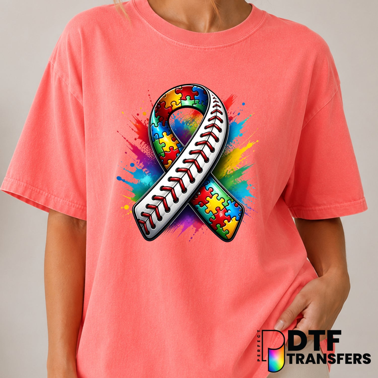 Baseball Ribbon Colorful Splatter – Autism Awareness DTF Transfer (view 2 of 2) – by Perfect DTF Transfers – Premade DTF T...