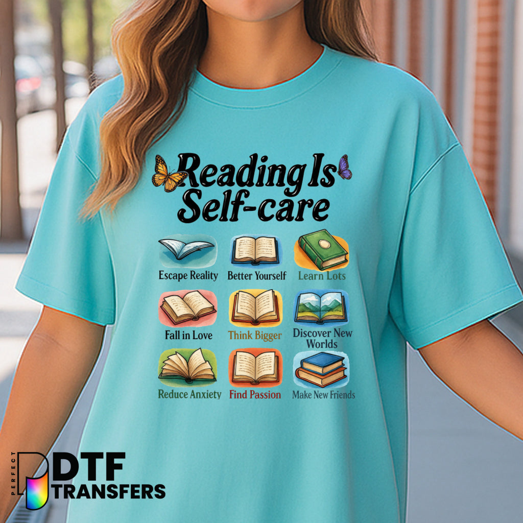 Reading is Self-Care – Colorful Book Stack Teacher DTF Transfer
