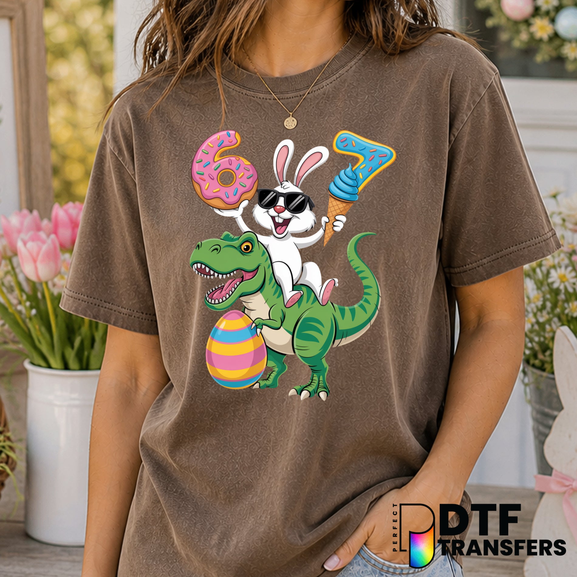 Funny Easter Bunny Riding Dinosaur – Easter DTF Transfer
