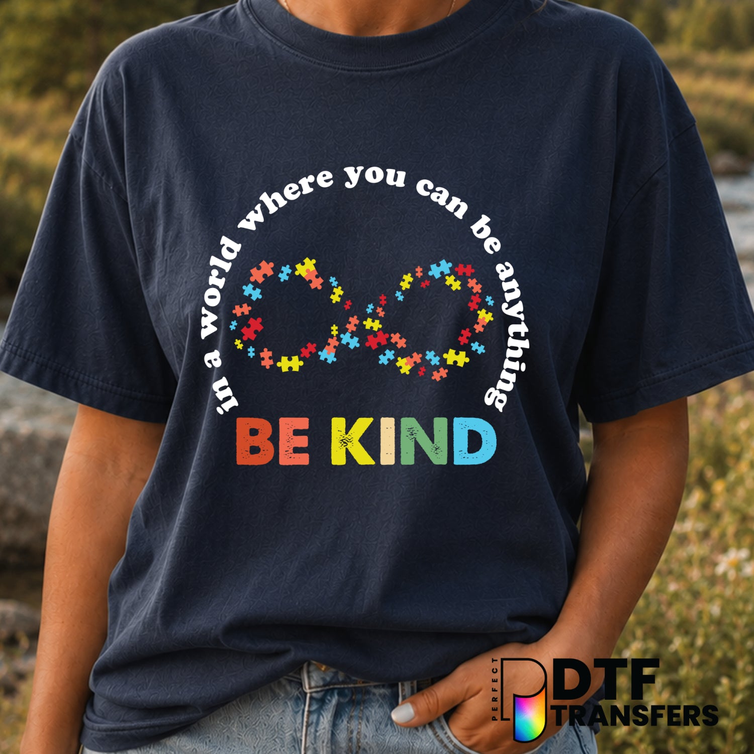 BE KIND Infinity Rainbow Puzzle Piece – Anti-Bullying DTF Transfer (view 2 of 2) – by Perfect DTF Transfers – Premade DTF...