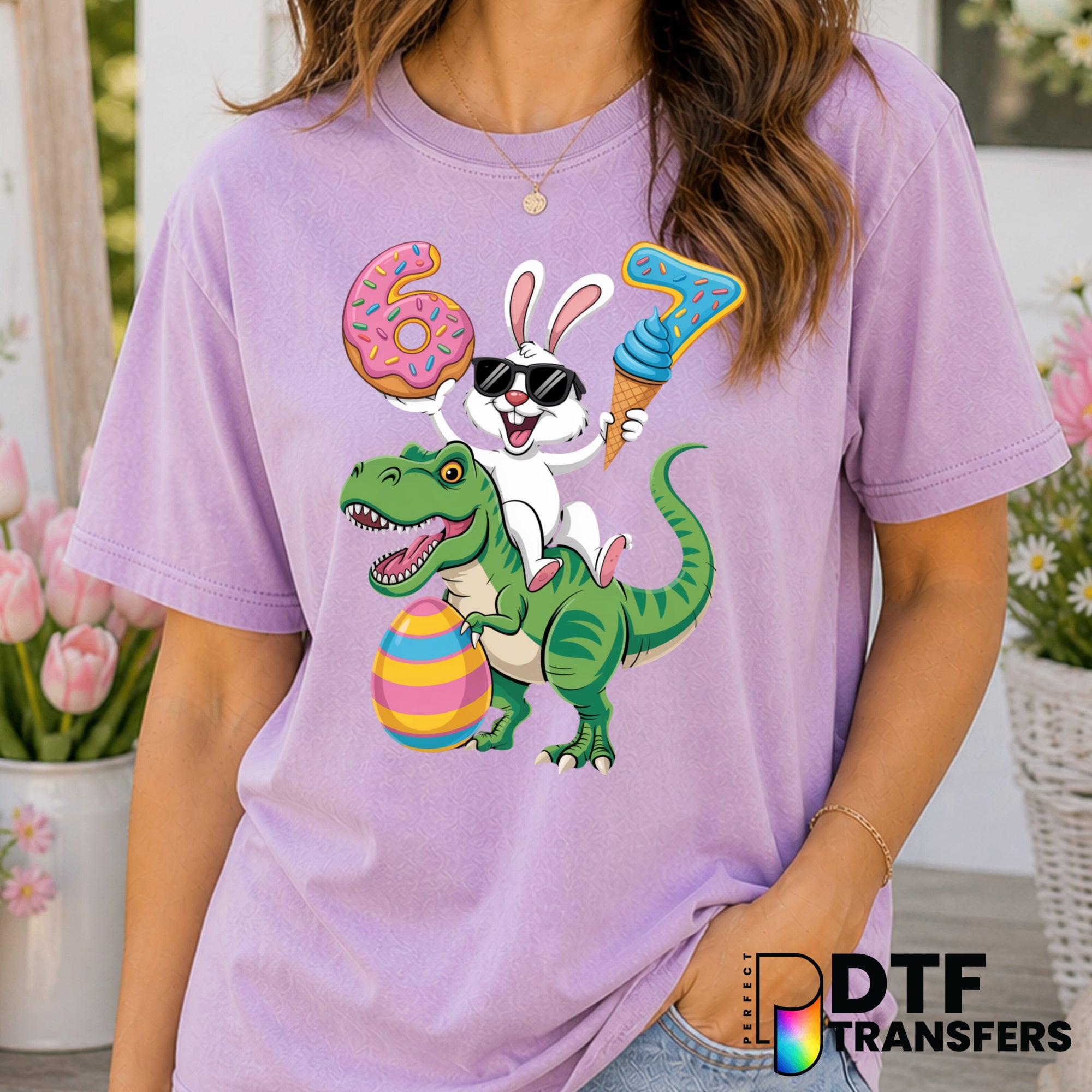 Funny Easter Bunny Riding Dinosaur – Easter DTF Transfer