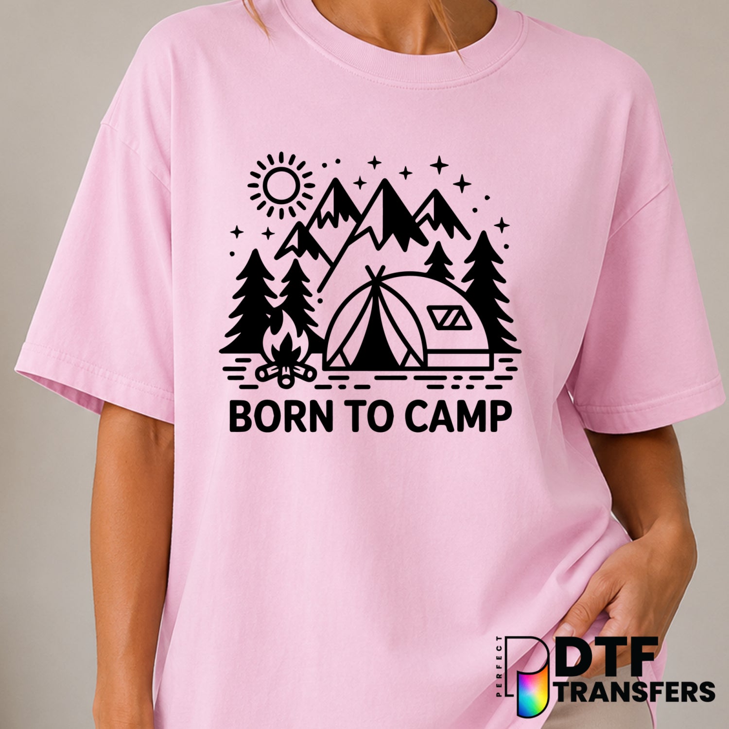 BORN TO CAMP – Camping DTF Transfer (view 1 of 2) – by Perfect DTF Transfers – Premade DTF Transfers – Camping, Outdoor