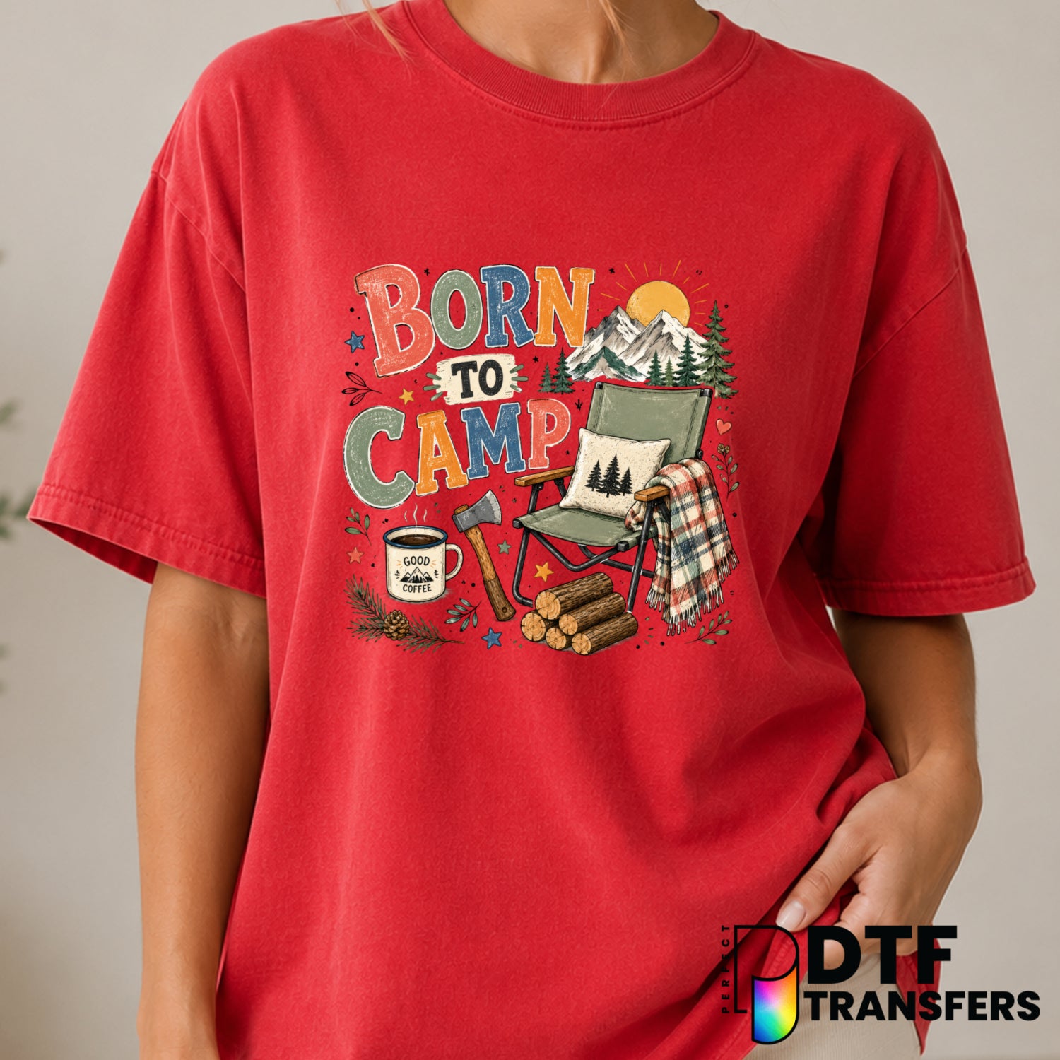 BORN TO CAMP – Camping DTF Transfer (view 1 of 2) – by Perfect DTF Transfers – Premade DTF Transfers – Camping, Outdoor
