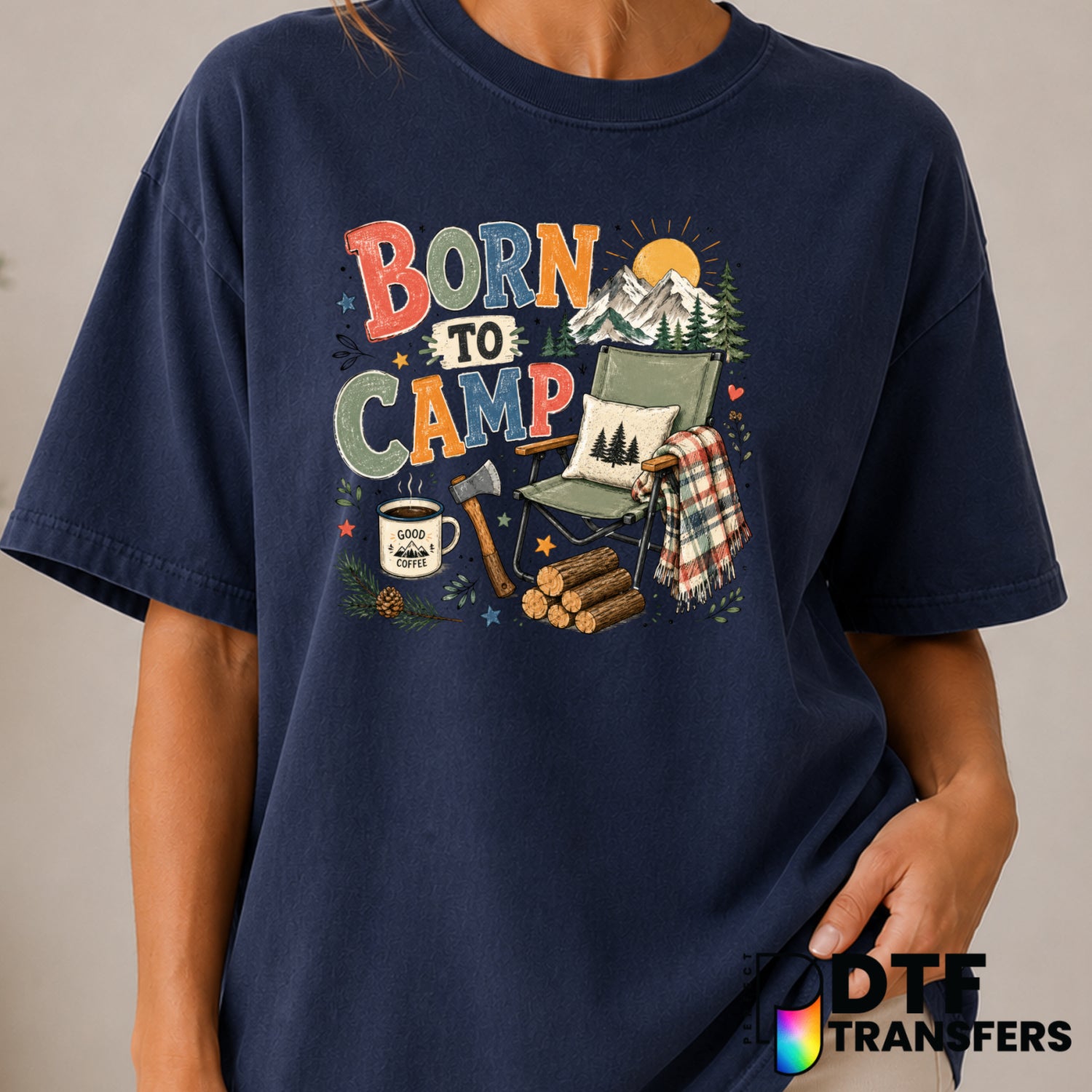 BORN TO CAMP – Camping DTF Transfer (view 2 of 2) – by Perfect DTF Transfers – Premade DTF Transfers – Camping, Outdoor