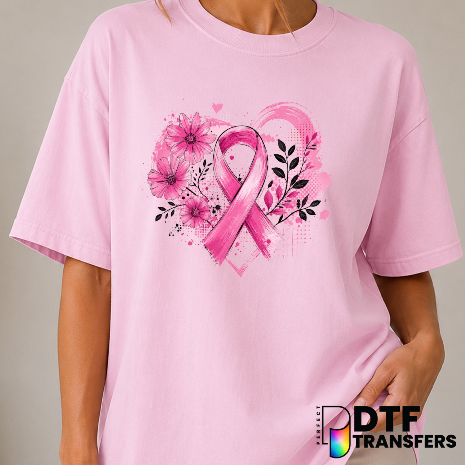 Breast Cancer Ribbon Floral Heart – Cancer Awareness DTF Transfer (view 1 of 2) – by Perfect DTF Transfers – Premade DTF T...