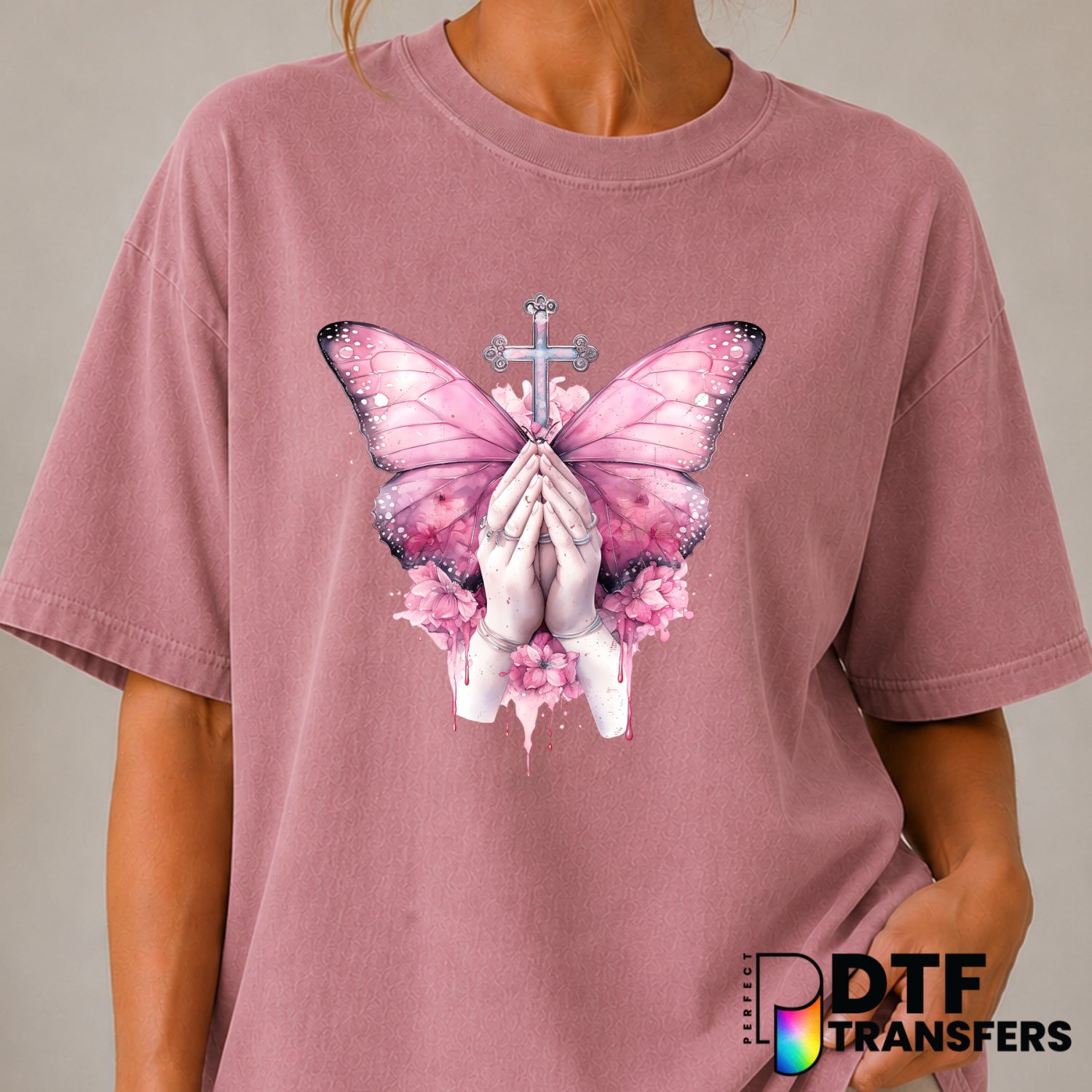 Butterfly Floral Prayer Hands Ribbon – Cancer Awareness DTF Transfer (view 1 of 2) – by Perfect DTF Transfers – Premade DT...