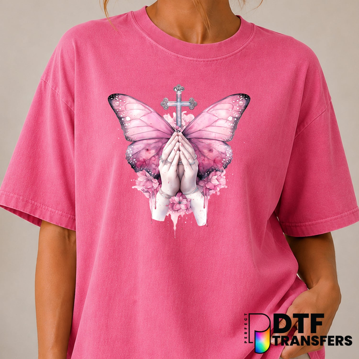 Butterfly Floral Prayer Hands Ribbon – Cancer Awareness DTF Transfer (view 2 of 2) – by Perfect DTF Transfers – Premade DT...