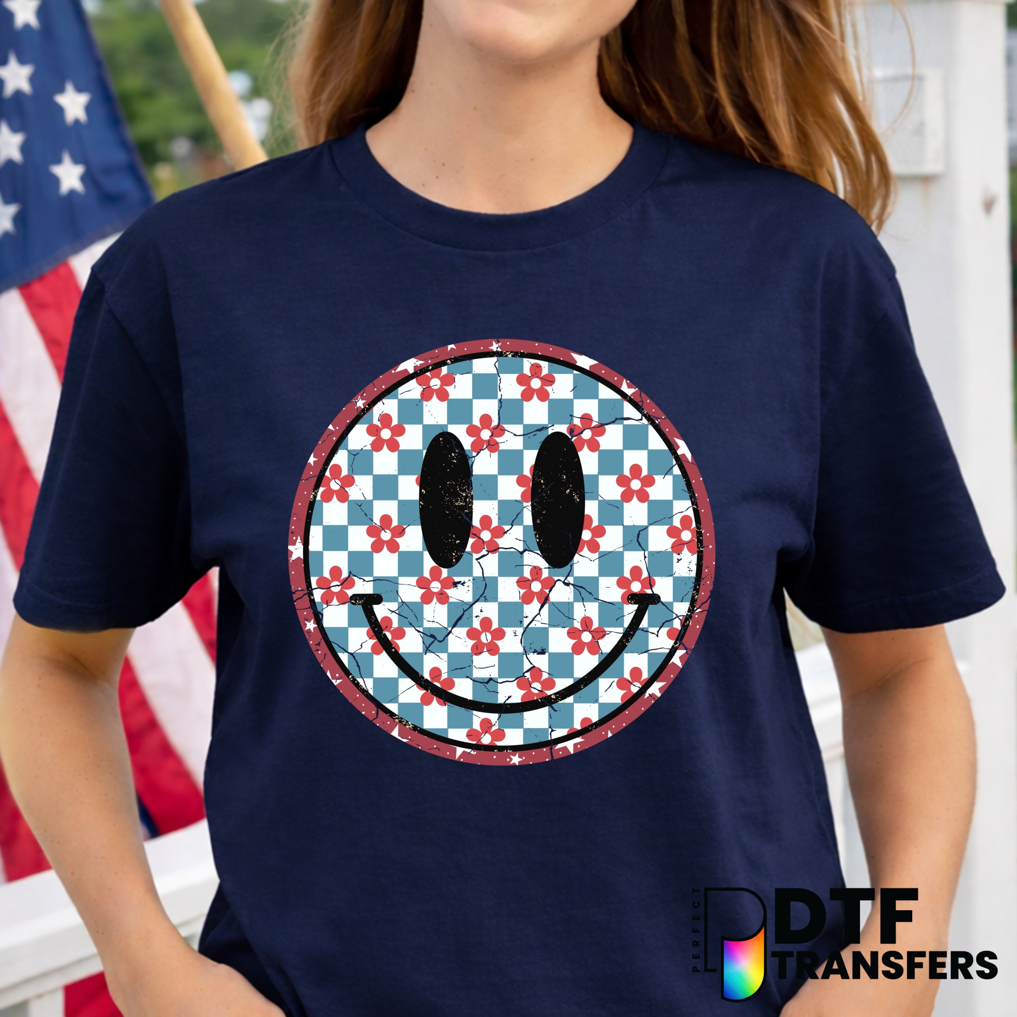 Patriotic Floral Checkered Smiley Face – Fourth of July DTF Transfer