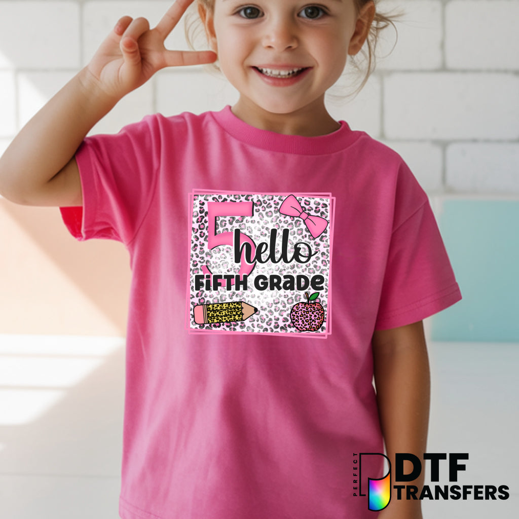 Hello Fifth Grade Welcome Back to School Pink Leopard Pencil Books – Teacher DTF Transfer