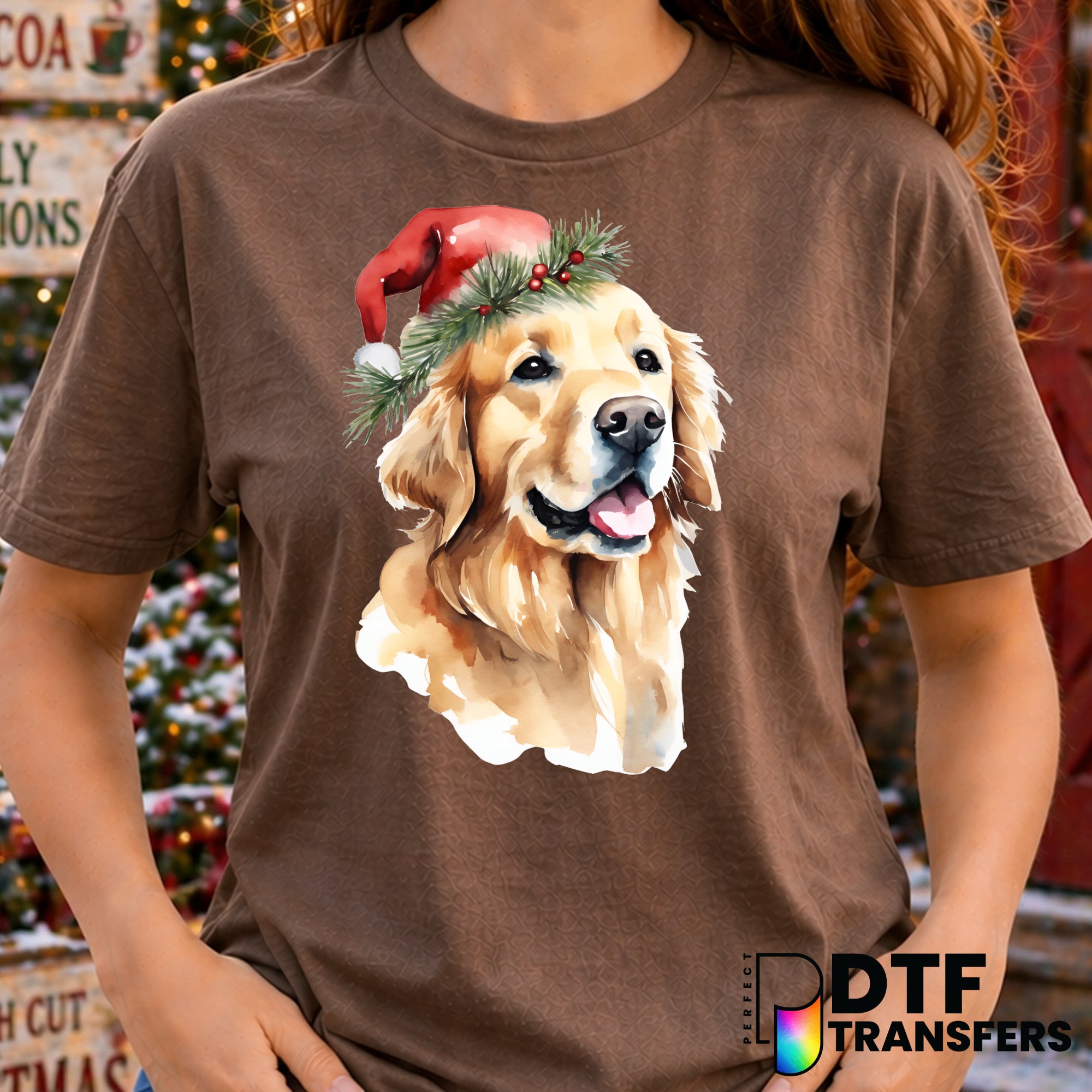 Golden Retriever with Santa Hat – Christmas DTF Transfer