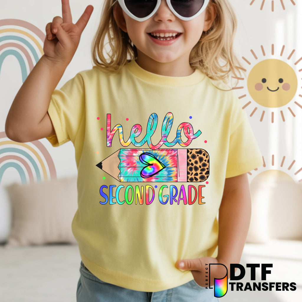 Hello Second Grade Tie Dye Pencil – Teacher DTF Transfer