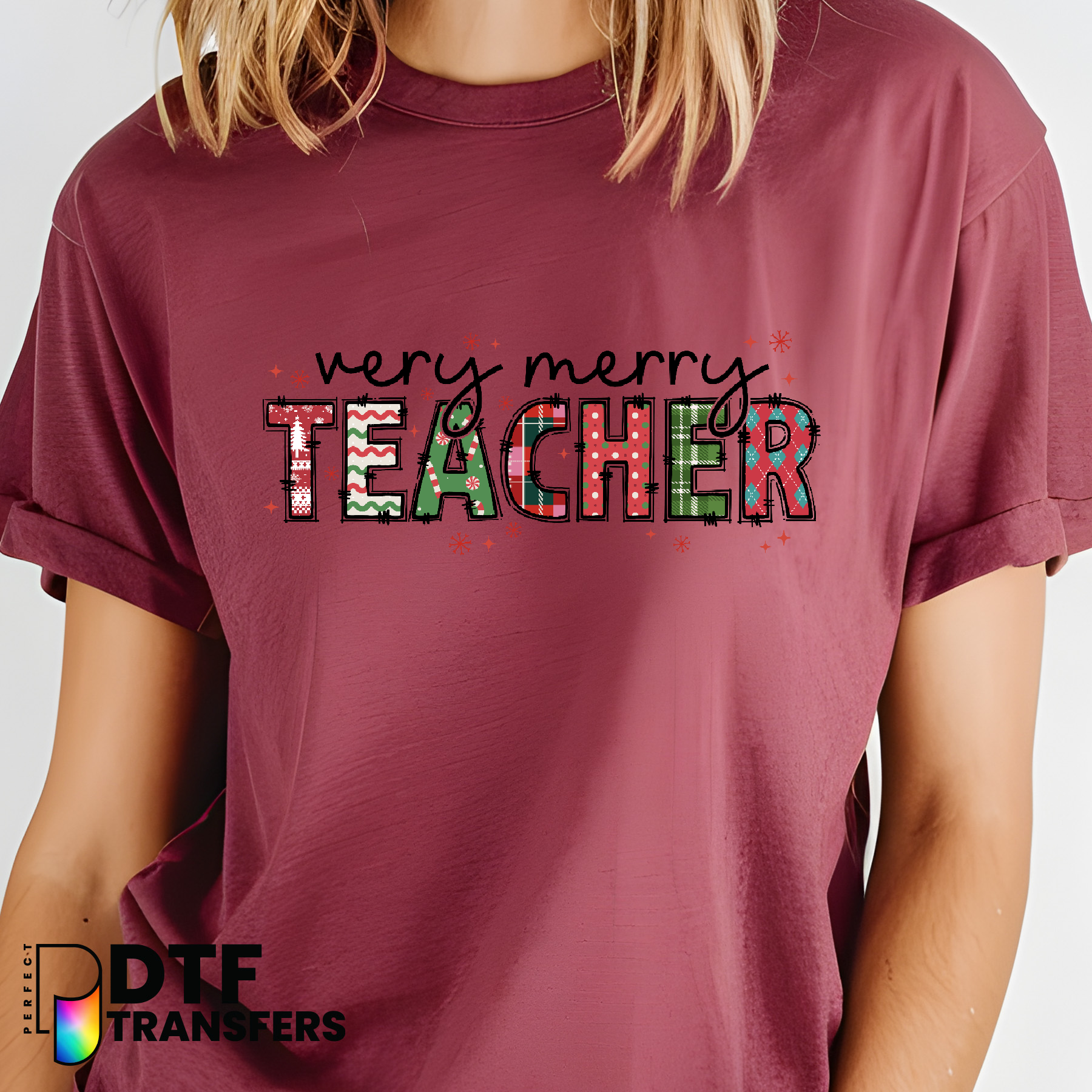 Merry Teachmas with Holly & School Bus – Teacher DTF Transfer