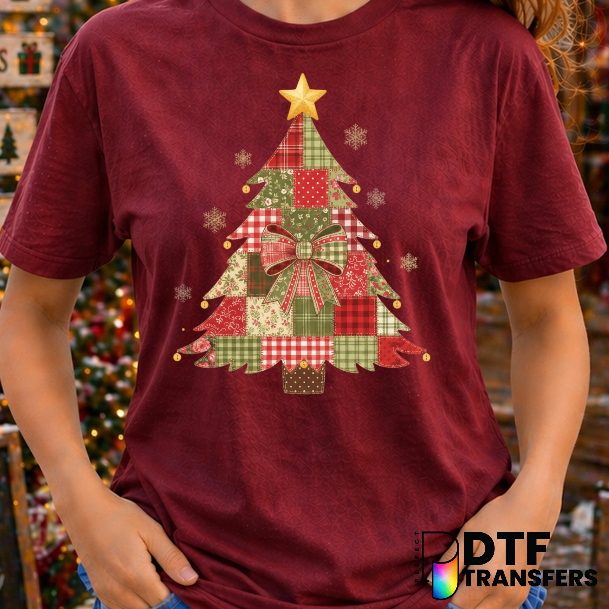 Faux Patchwork Coquette Bow Christmas Tree – Christmas DTF Transfer
