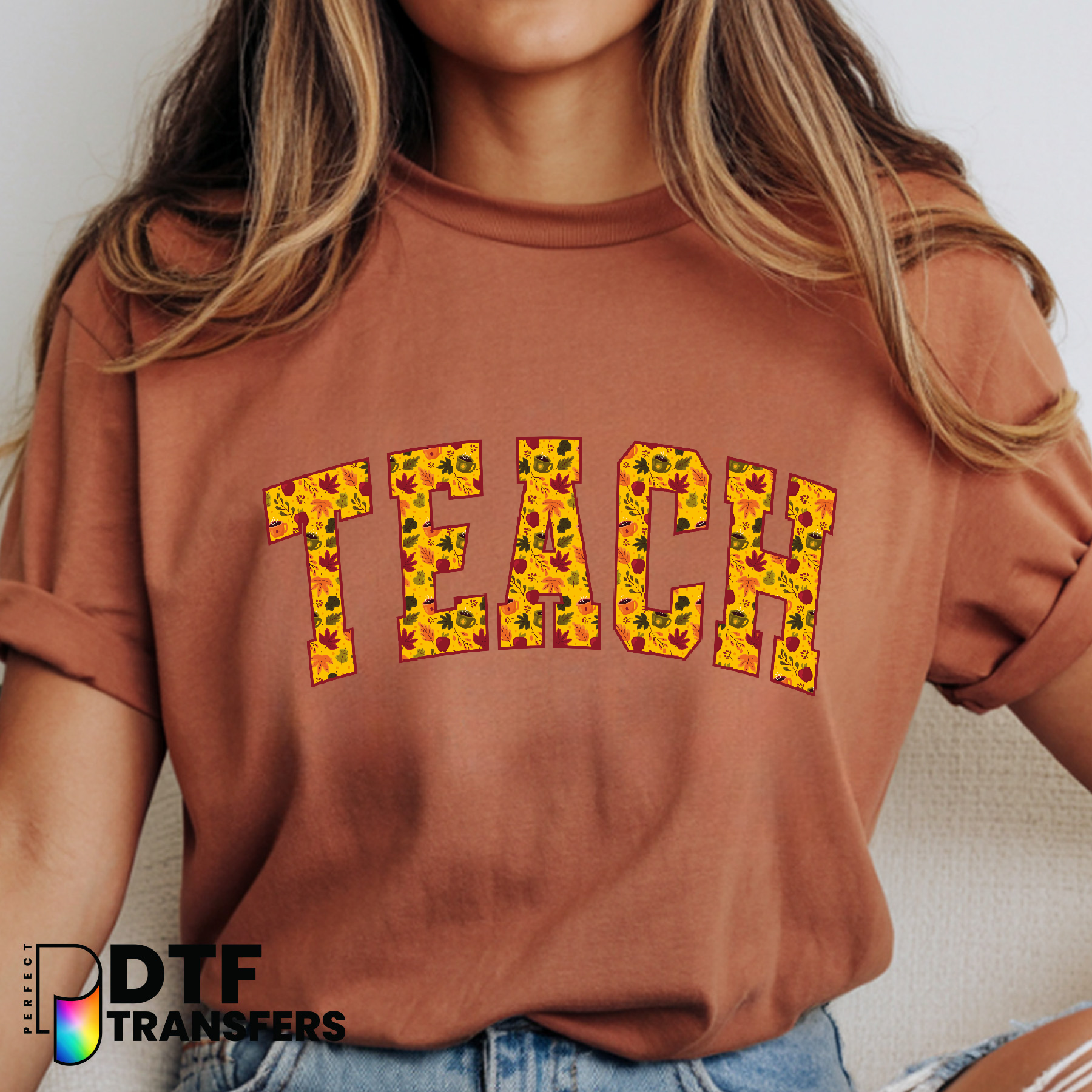 Retro Fall Teach Teacher with Apple and Pumpkin – Teacher DTF Transfer