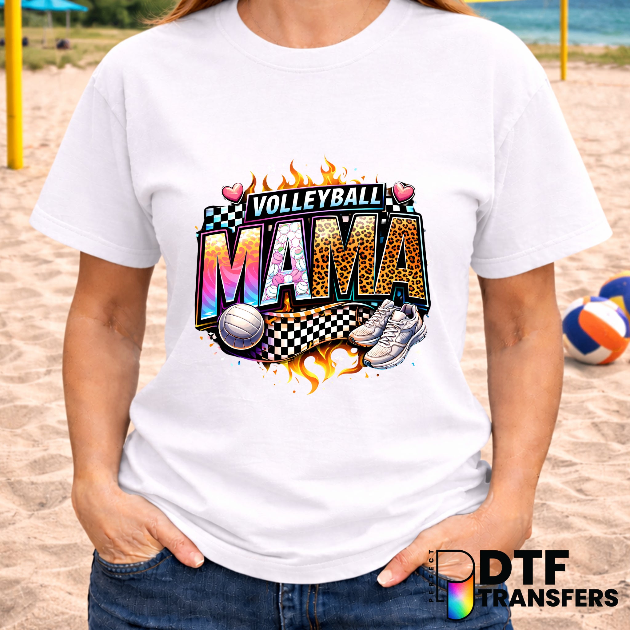 Volleyball Mama Checkered Flames – DTF Transfer